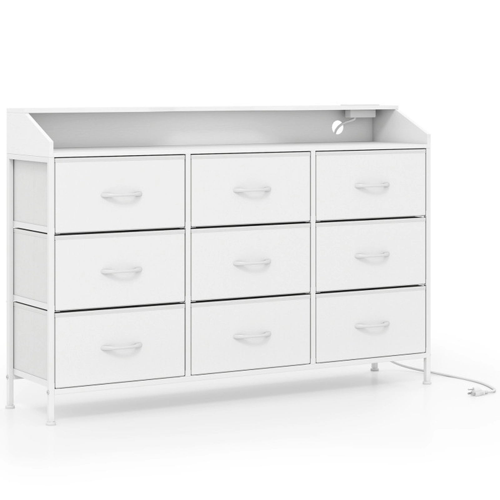 SUGIFT LED Storage Organizer Dresser with Charging Station and 9 Fabric Drawers 44-lb Countertop Capacity White