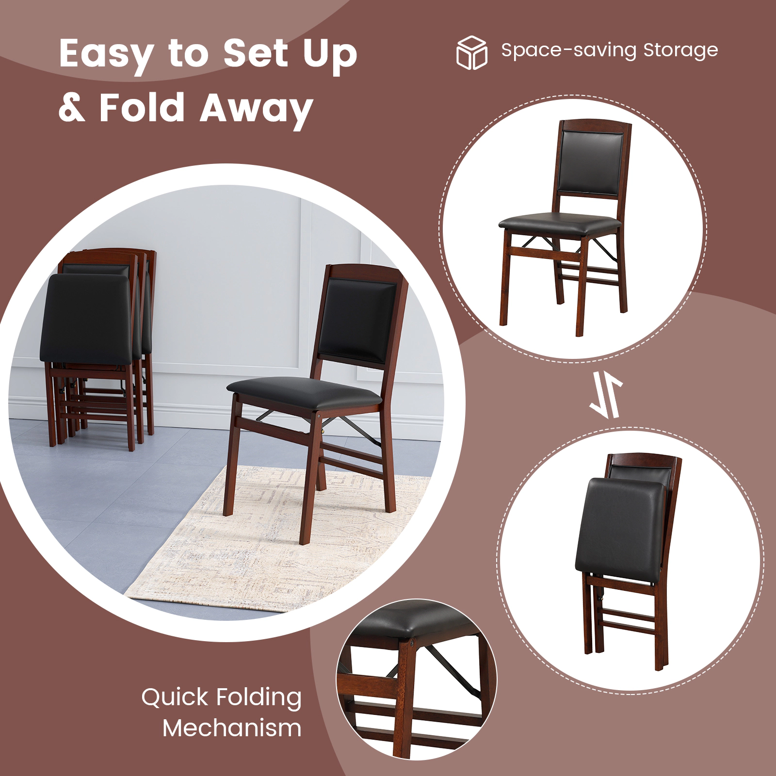 SUGIFT Folding Dining Chairs with Padded PU Leather Seat and High Backrest 400-lb Capacity Brown