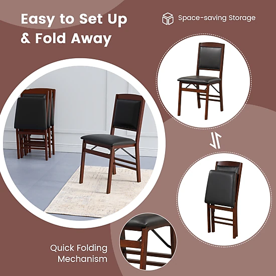 SUGIFT Folding Dining Chairs with Padded PU Leather Seat and High Backrest 400-lb Capacity Brown