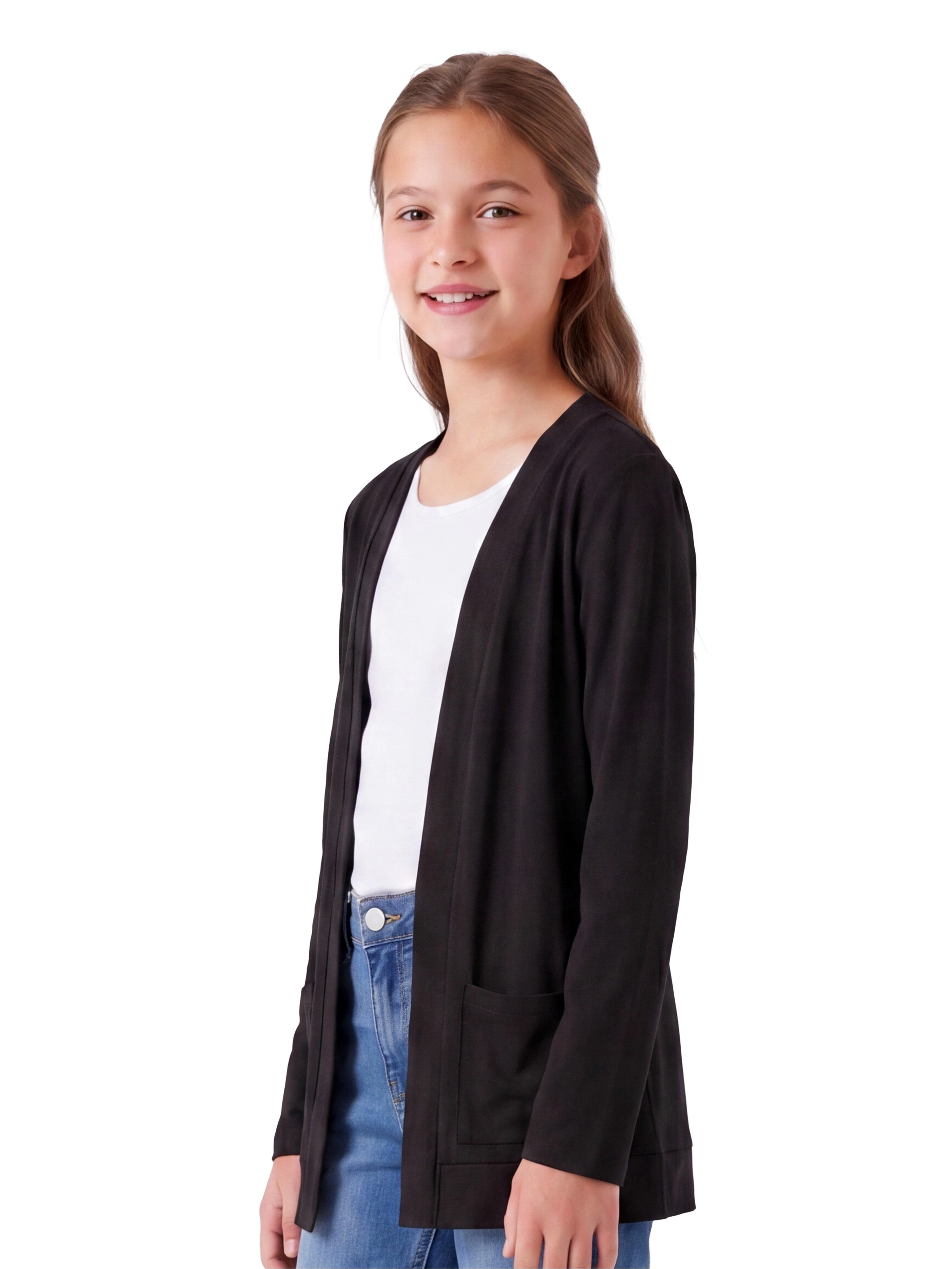 24sevenKid Essential Girls Open Front Long Sleeve Pocket Cardigan