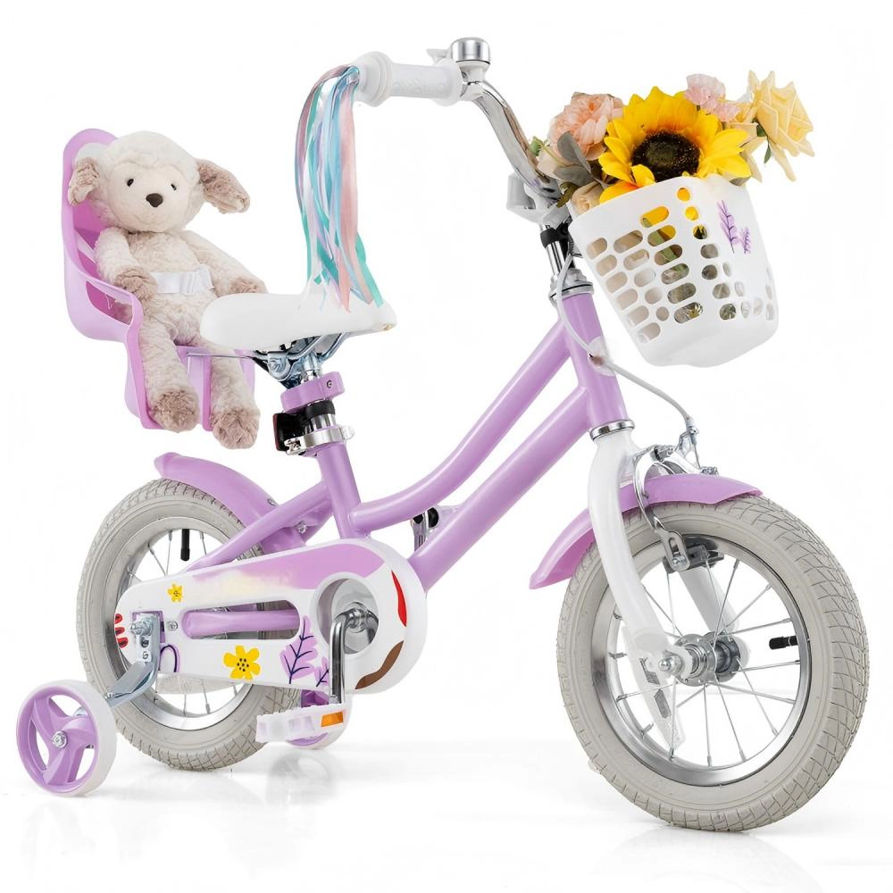 SUGIFT 12-In Girls Kids Bicycle with Dual Brakes Doll Seat Streamers & Training Wheels 145-lb Capacity Ages 3-4 Rose Red