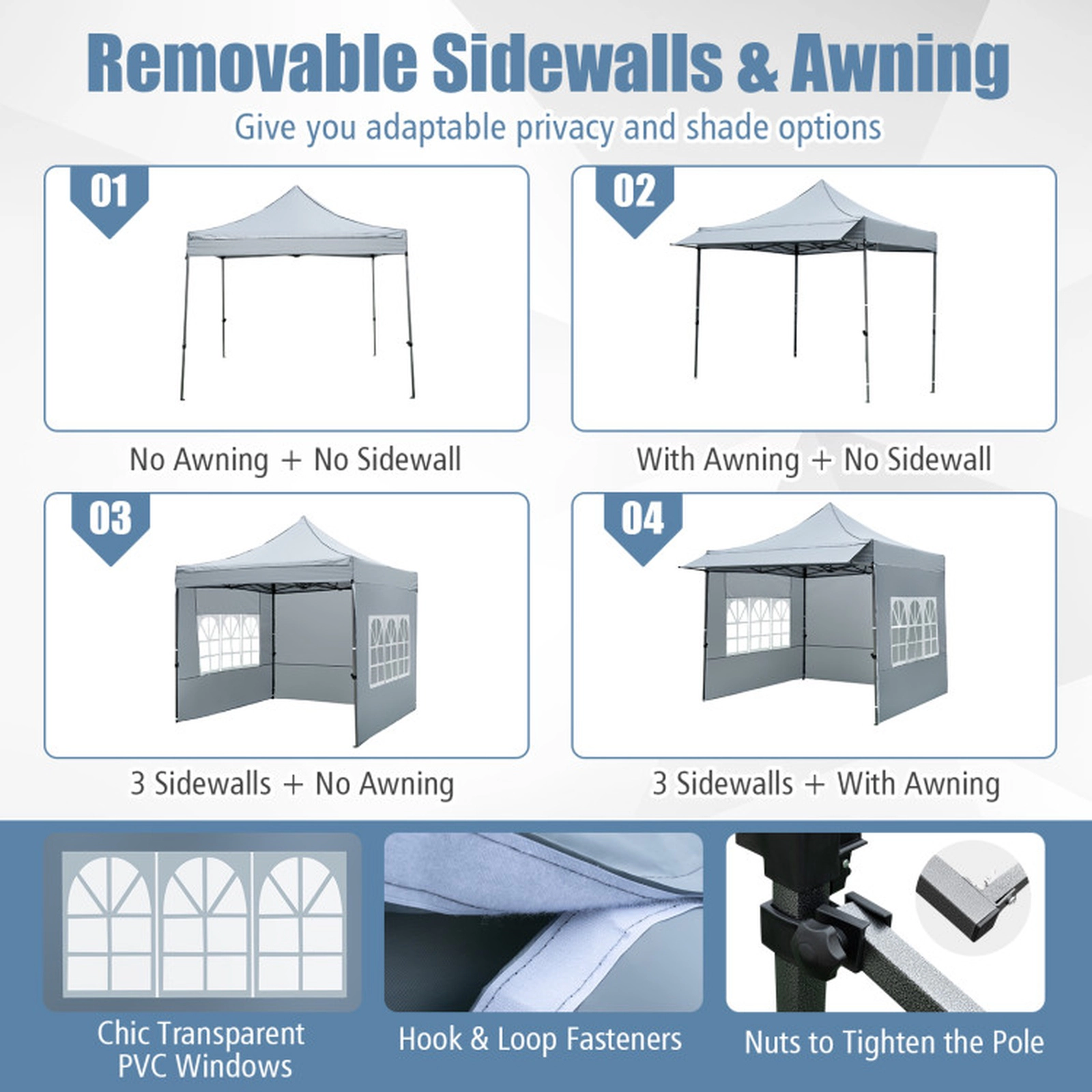 SUGIFT Gray 10-ft by 10-ft 420D Oxford Pop Up Canopy Tent with 3 Sidewalls Awning and Wheeled Bag