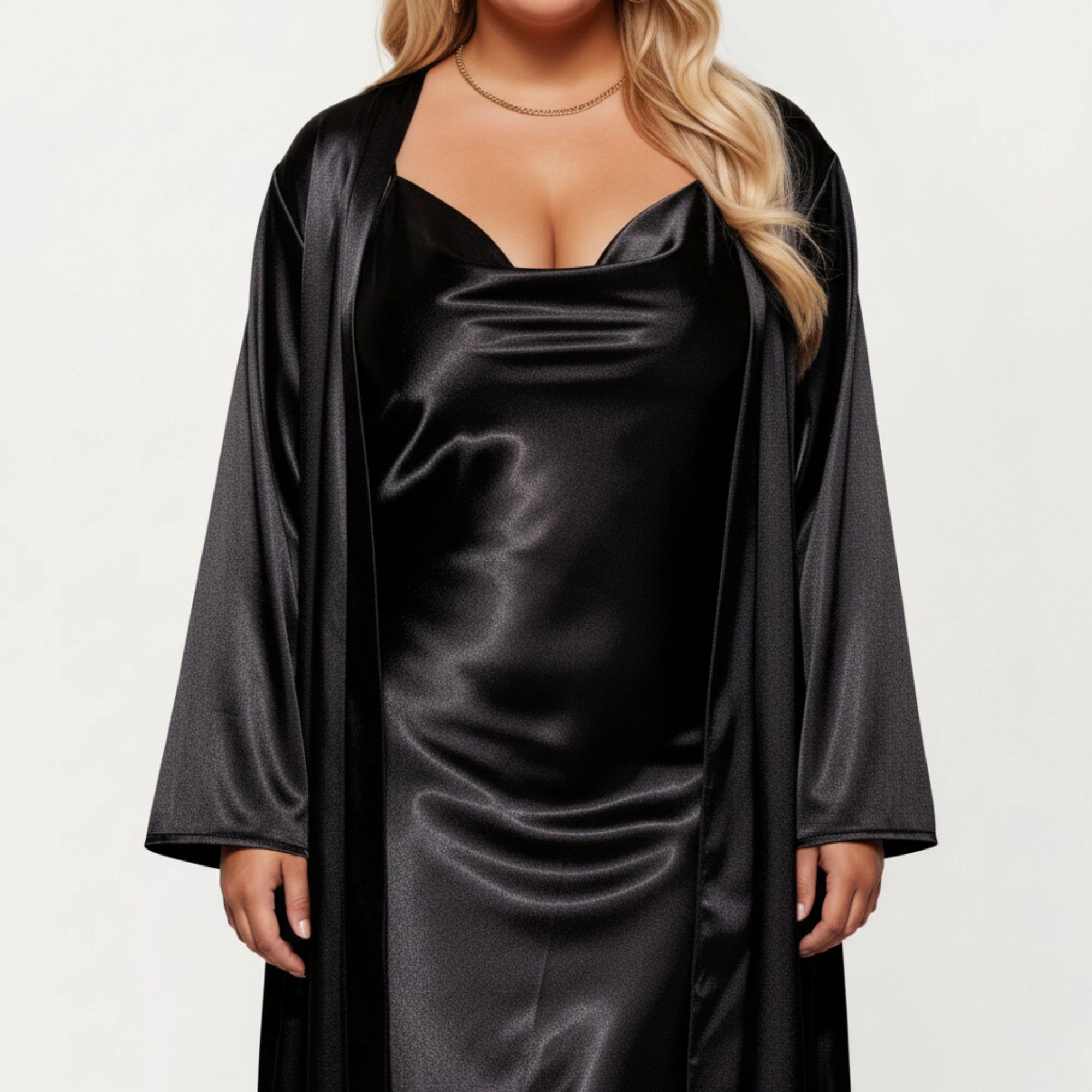 Anna-Kaci Women's Satin Slip Dress and Long Robe Set with Soft Draped Silhouette Elegant Flowing Layered Design