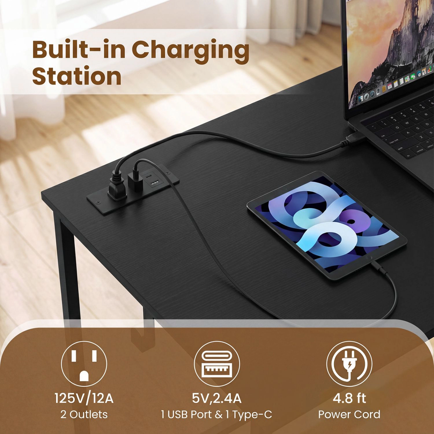SlickBlue Home Office Desk with Charging Station and Storage Drawers