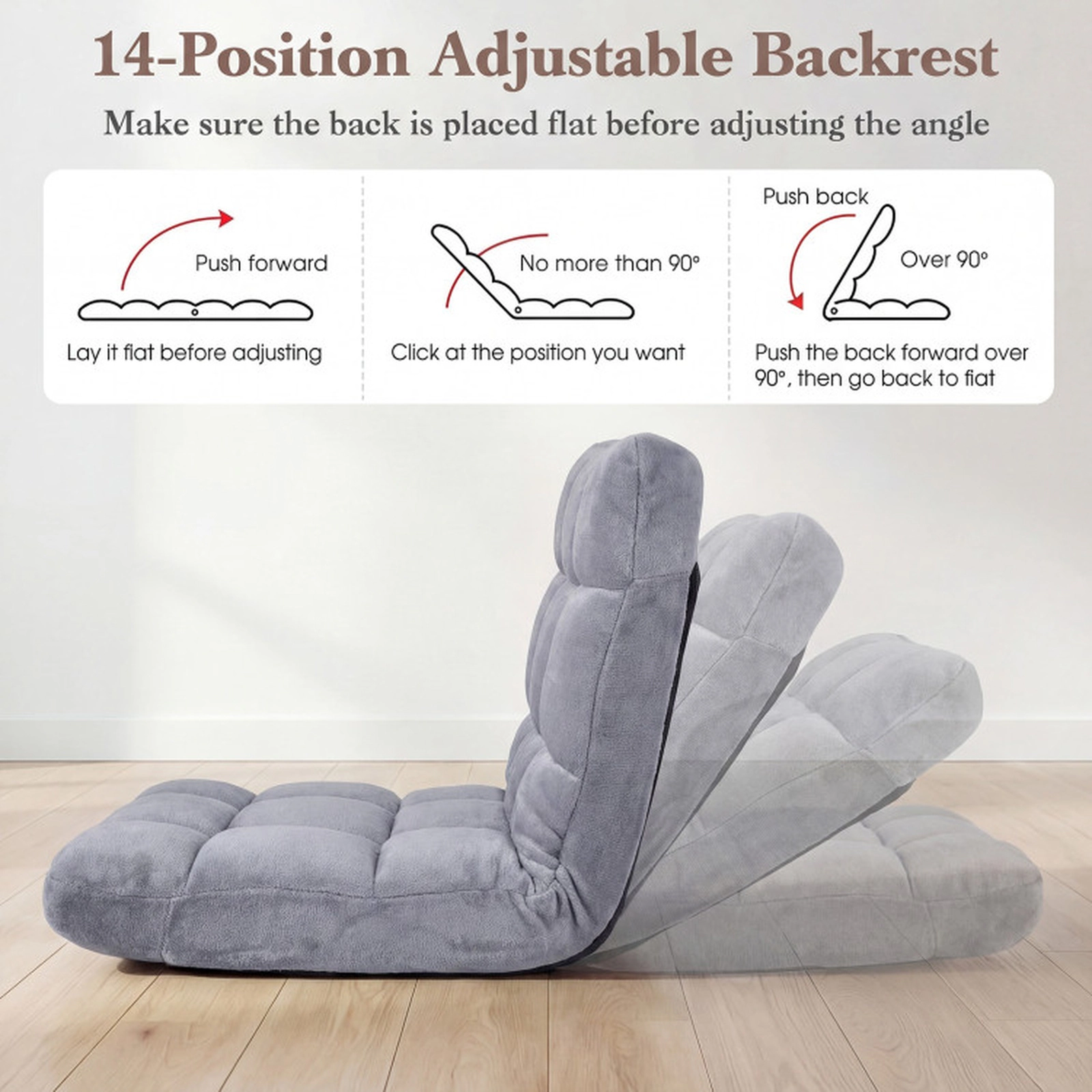 SUGIFT 14-Position Adjustable Cushioned Floor Chair 200-lb Seat Capacity 77-lb Backrest Capacity Light Gray