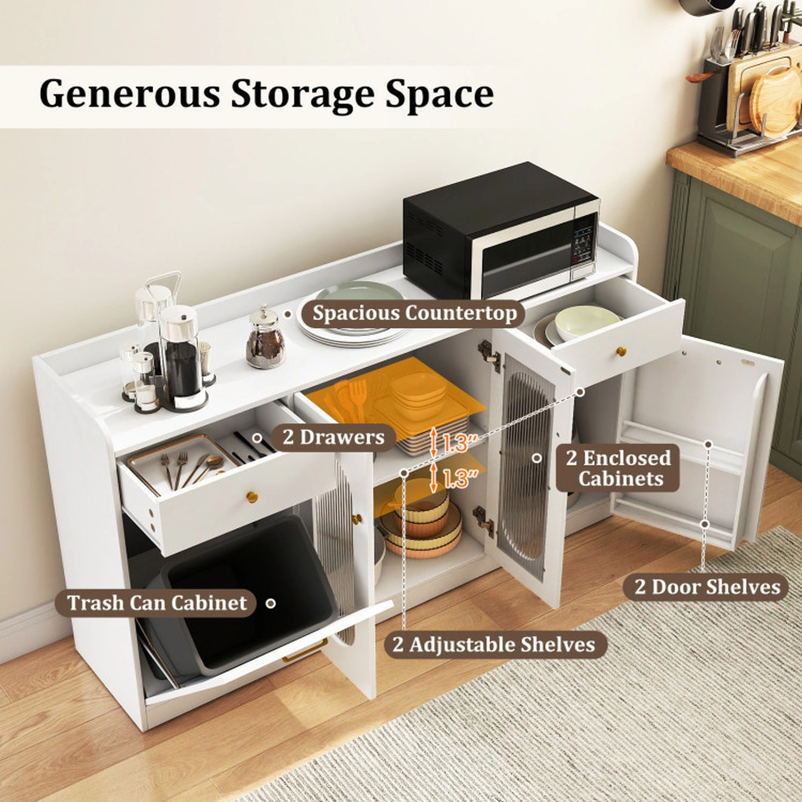 SUGIFT 55-in Hidden Trash Bin Cabinet 2 Fluted Glass Doors 2 Drawers Buffet Sideboard 13.5-in D 110-lb Capacity White