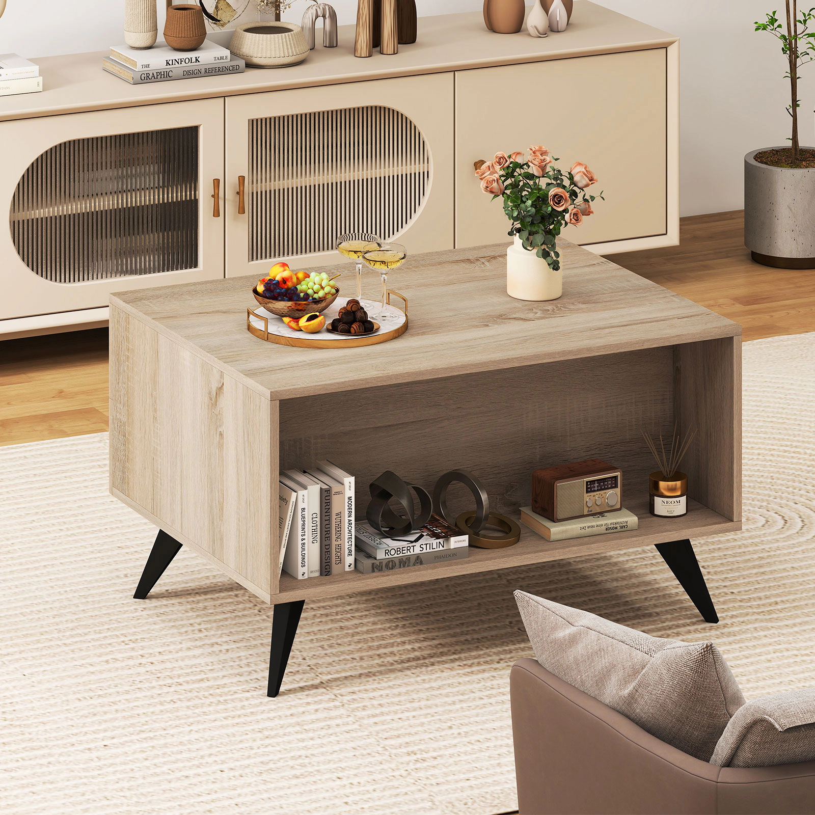 SUGIFT 3-Door Storage Cabinet Open Compartment MDF Coffee Table 31.5-in x 23.5-in x 18-in 88-lb Capacity Natural