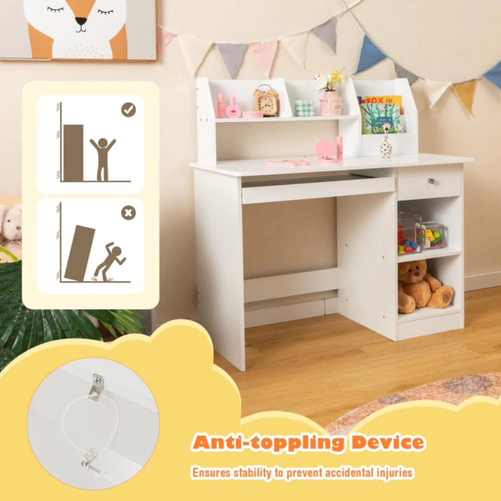 Hivvago Kids Study Desk Children Writing Table With Hutch Drawer Shelves And Keyboard Tray-White