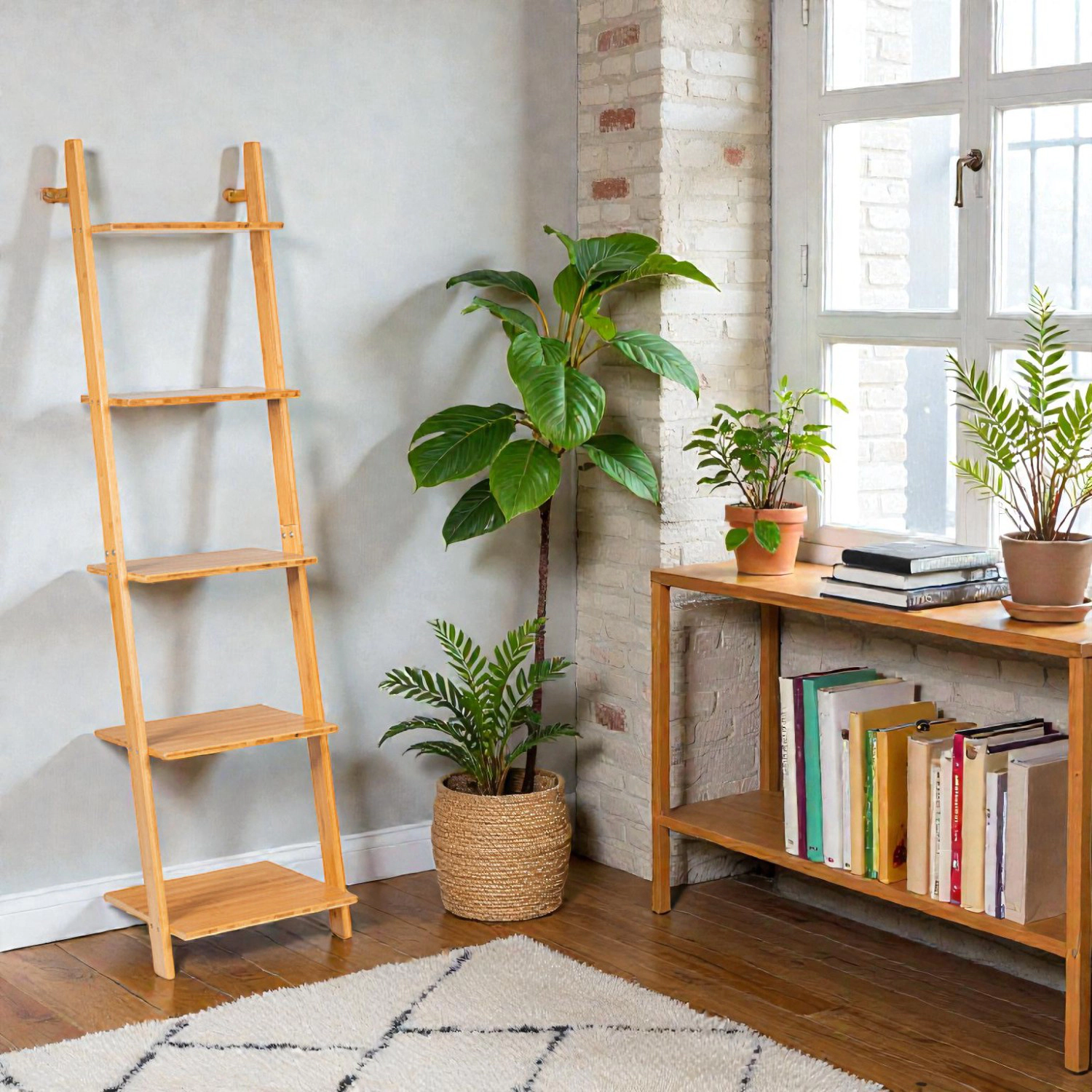 Hivvago Space-Saving 5-Tier Leaning Bookshelf Made of Bamboo
