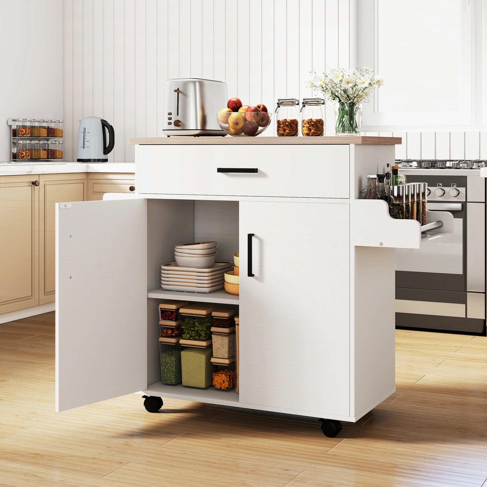 SUGIFT Rolling Kitchen Island Cart White with Wide Drawer and 2-Tier Storage Cabinet