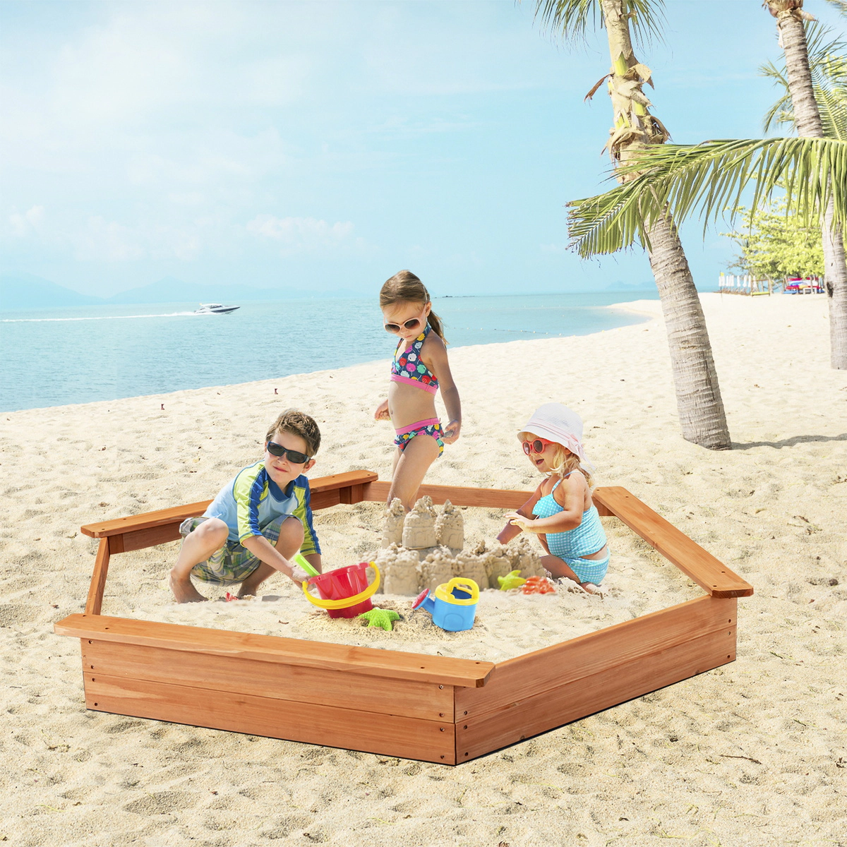 SUGIFT Hexagon Wooden Cedar Sandbox with Seat Boards 110-lb Bench Capacity Kids Over 3 Years Natural