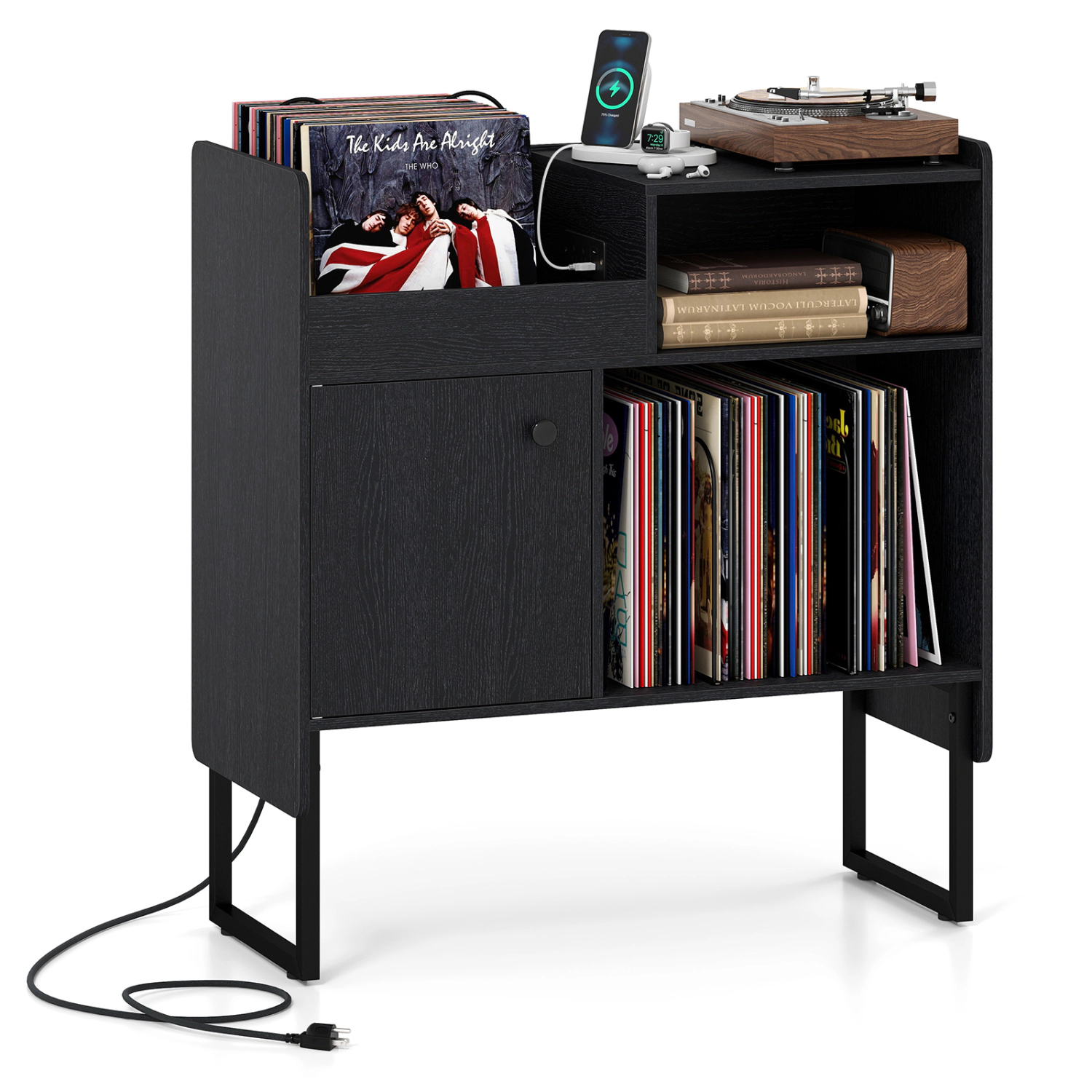 Glintex Record Player Stand with 250-Album Storage Cabinet and 400-Lb Capacity