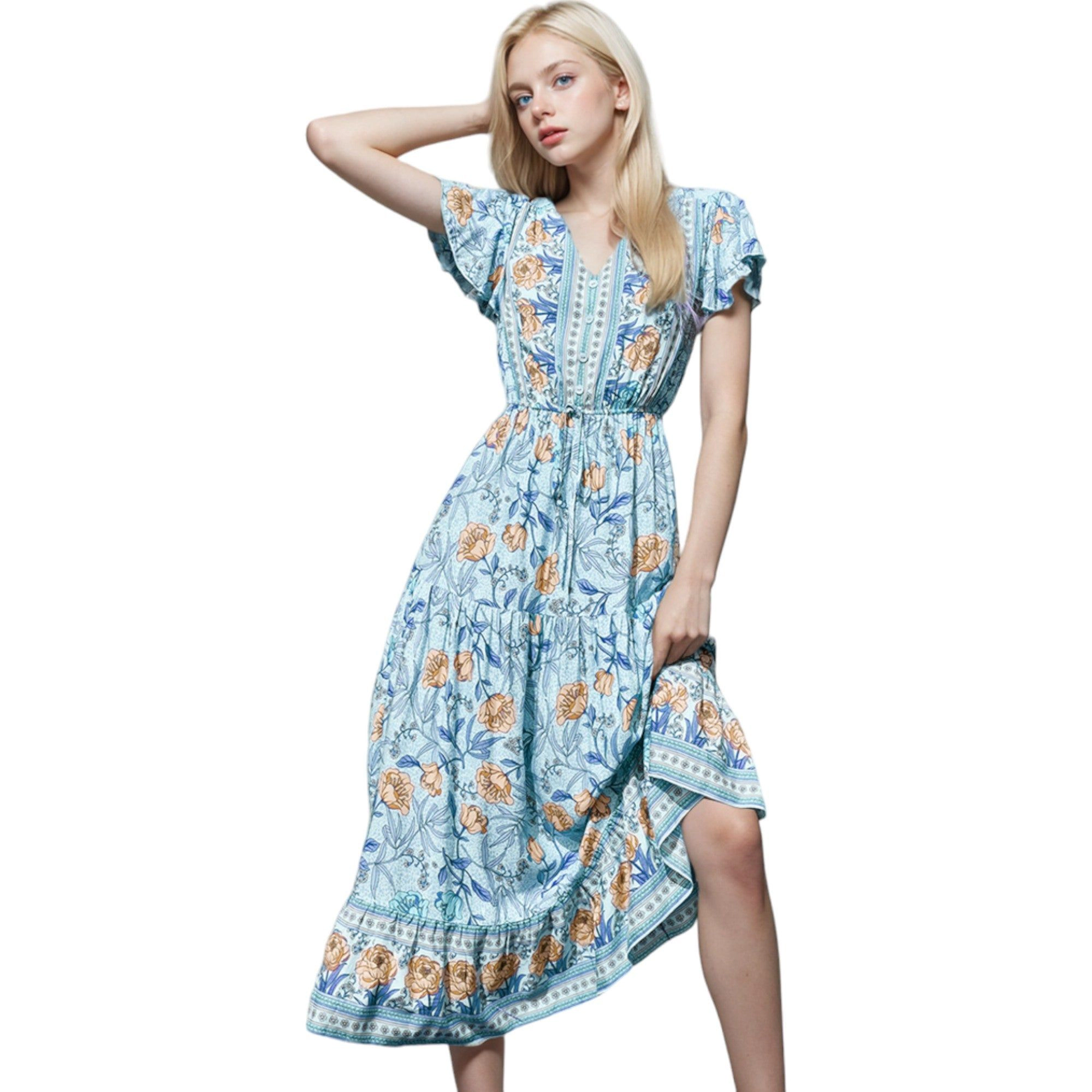 Anna-Kaci Women's Bohemian Paisley Floral Print Butterfly Sleeve V-Neck Midi Dress