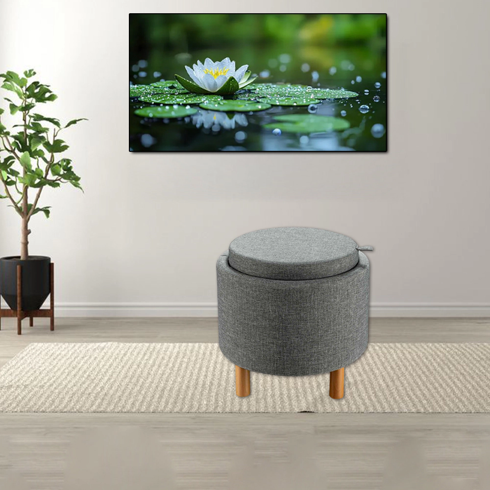 Hivvago Round Upholstered Storage Ottoman with Reversible Tray and Non-Slip Base for Bedroom