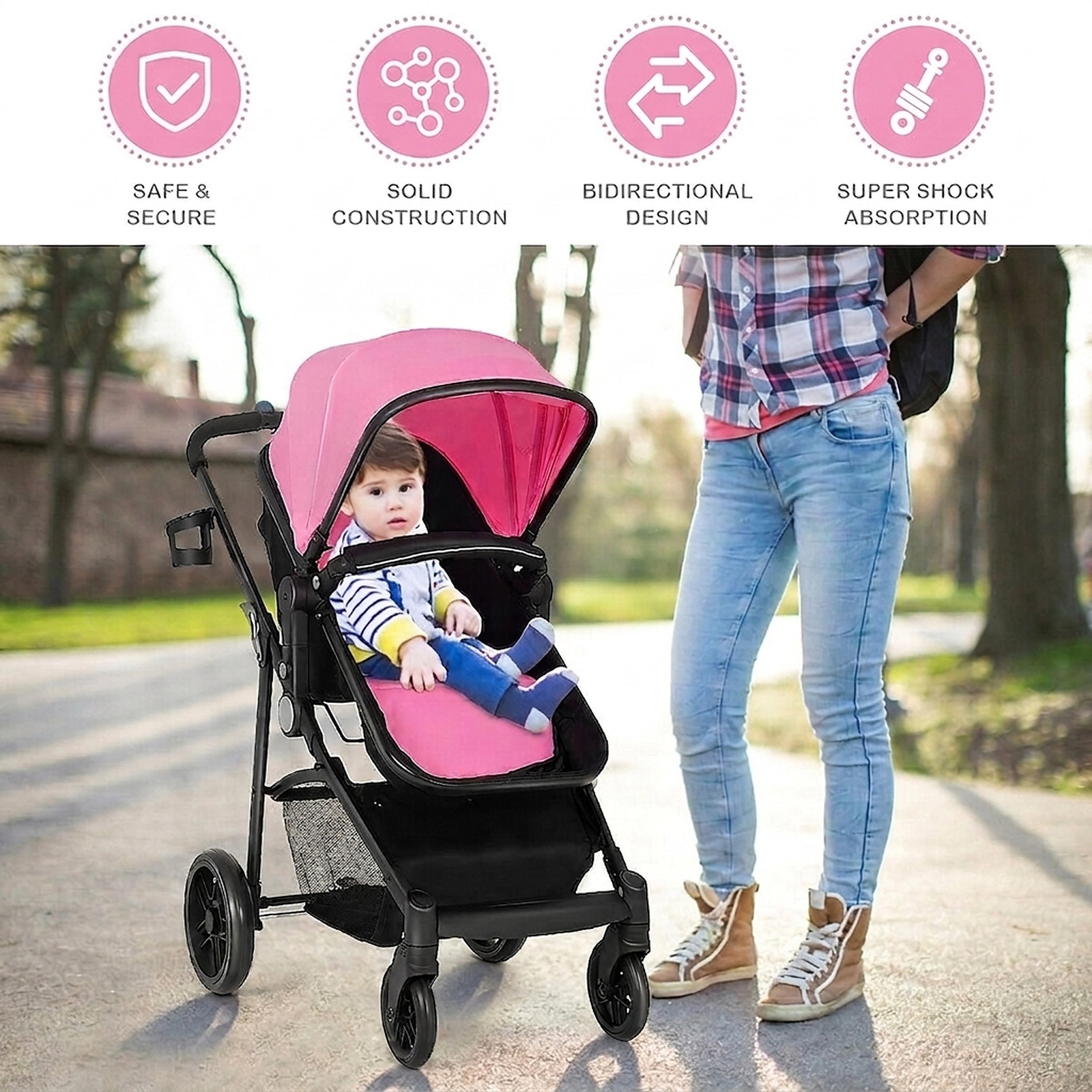 SUGIFT Pink 2-in-1 33-lb Capacity Foldable Baby Stroller Pushchair with Adjustable Handle and Basket