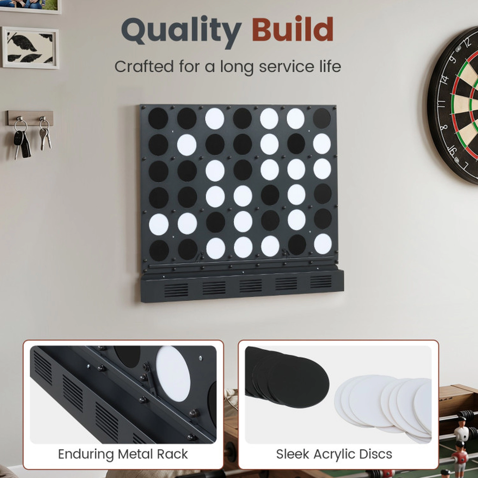 SUGIFT Black Wall Mounted Metal Connect 4 Game with Acrylic Discs and Bottom Tray 28.5-in W 1.5-in D 23-in H