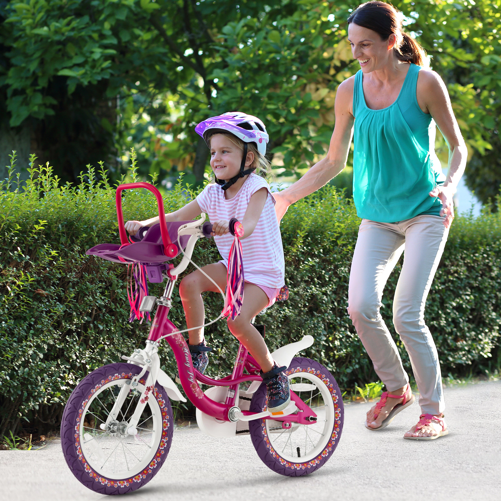 LJG Kids Bike with Doll Seat and Removable Training Wheels