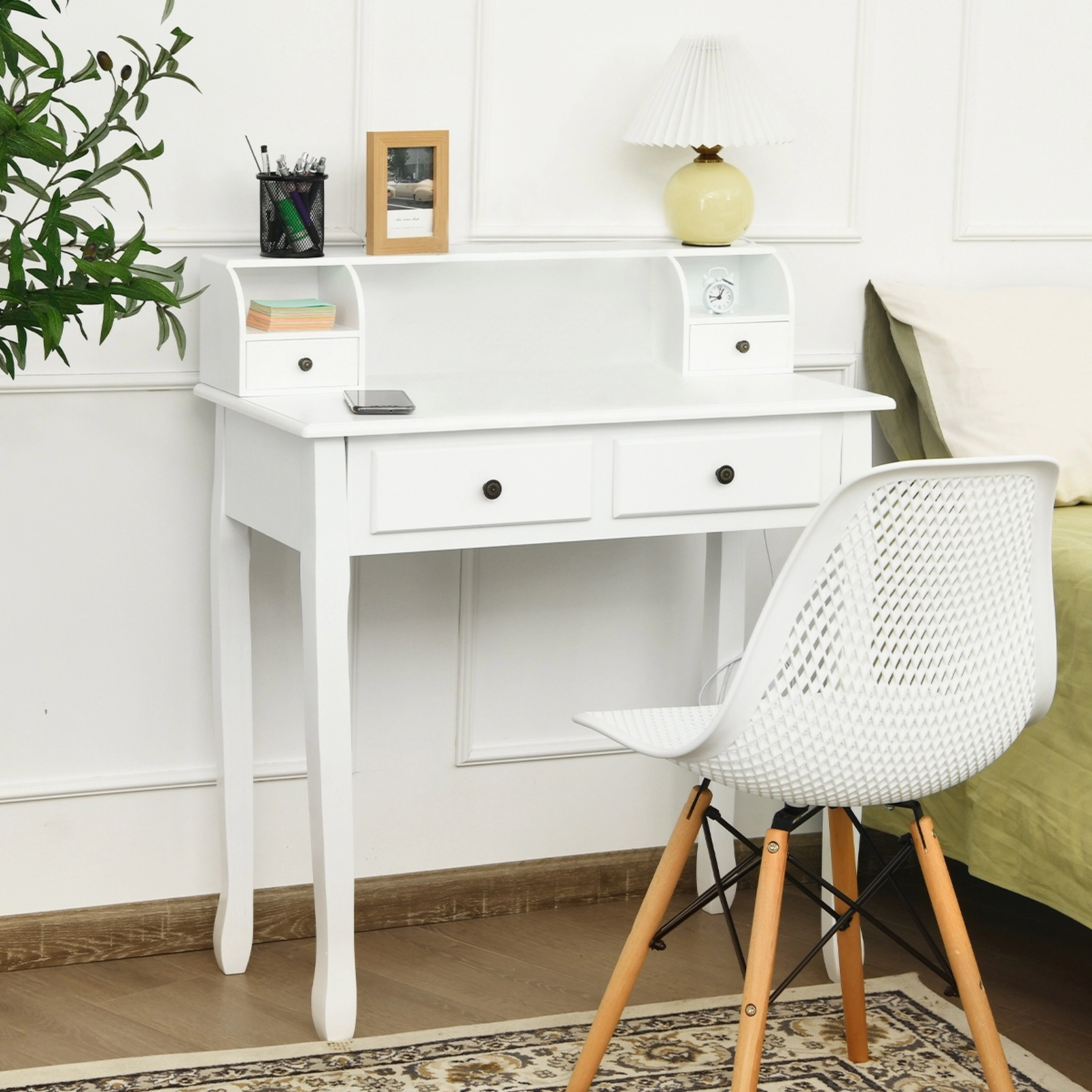 SUGIFT 31.5 in Writing Desk White 2-Tier Vanity Desk with 4 Drawers and Hutch