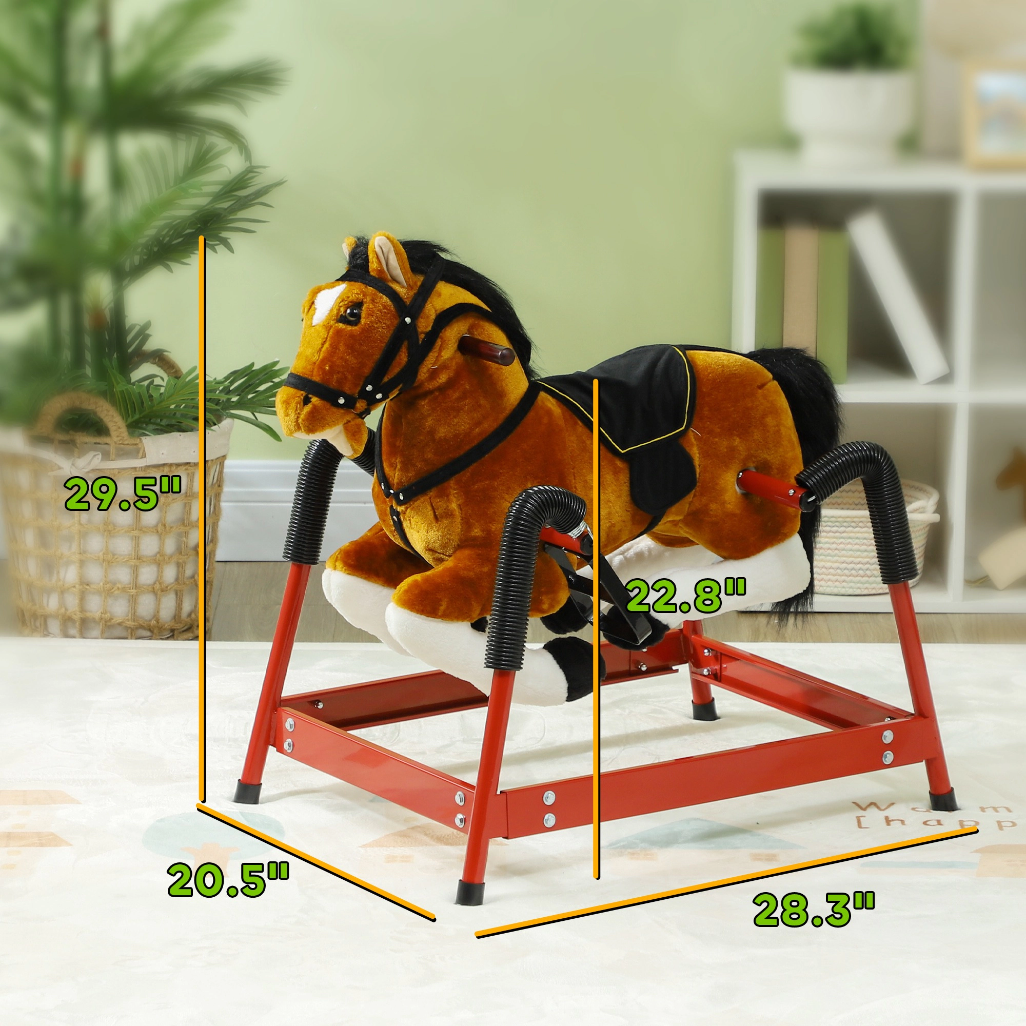 HONGGE Spring Rocking Horse Toy with Sound Effects & Foot Stirrups, Plush Ride-On Horse for Kids Ages 3-8, Brown