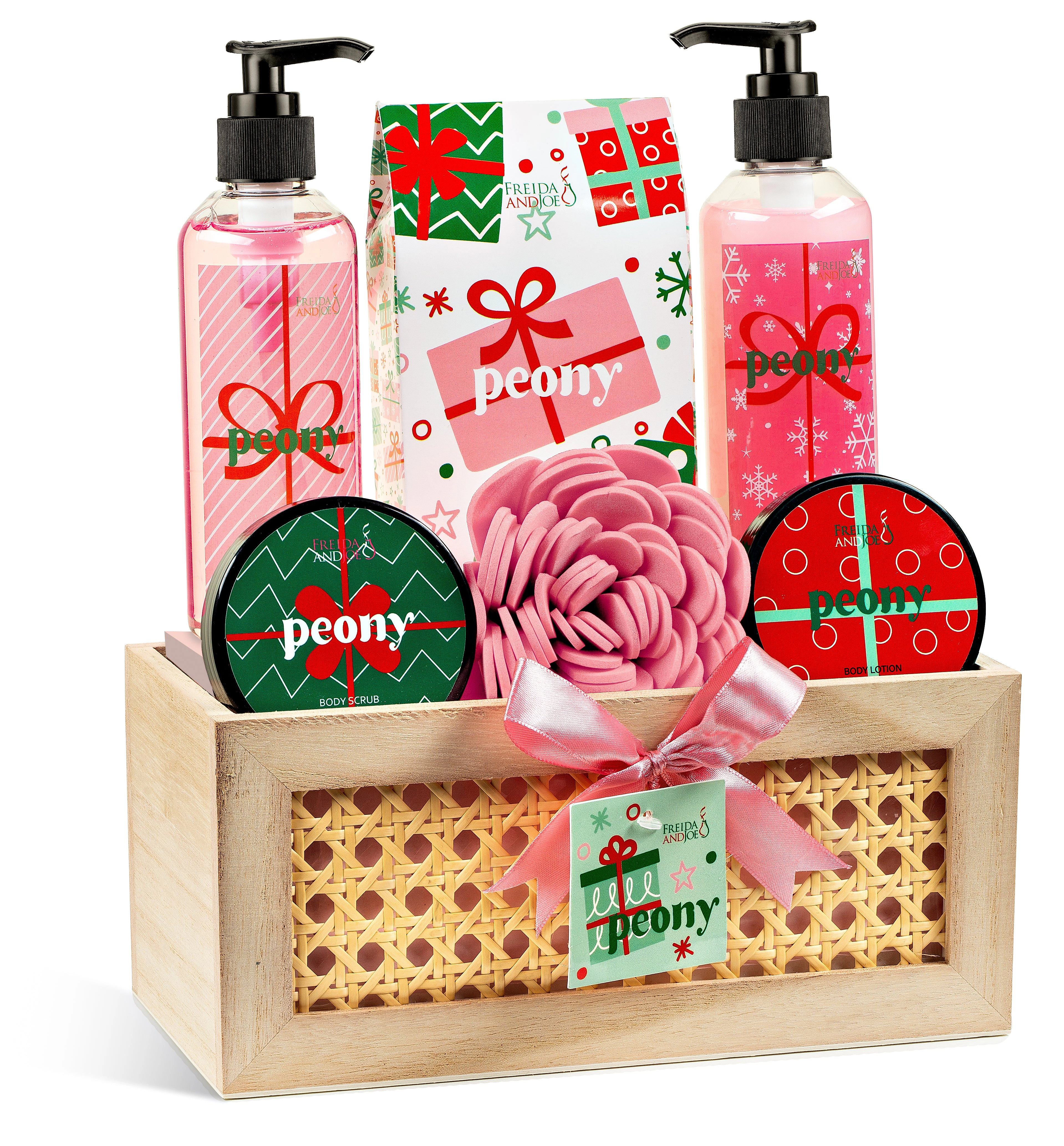 Freida and Joe  Women Pink Peony Bath & Body Spa Gift Set In Natural Wood Basket
