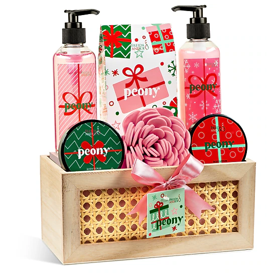 Freida and Joe  Women Pink Peony Bath & Body Spa Gift Set In Natural Wood Basket