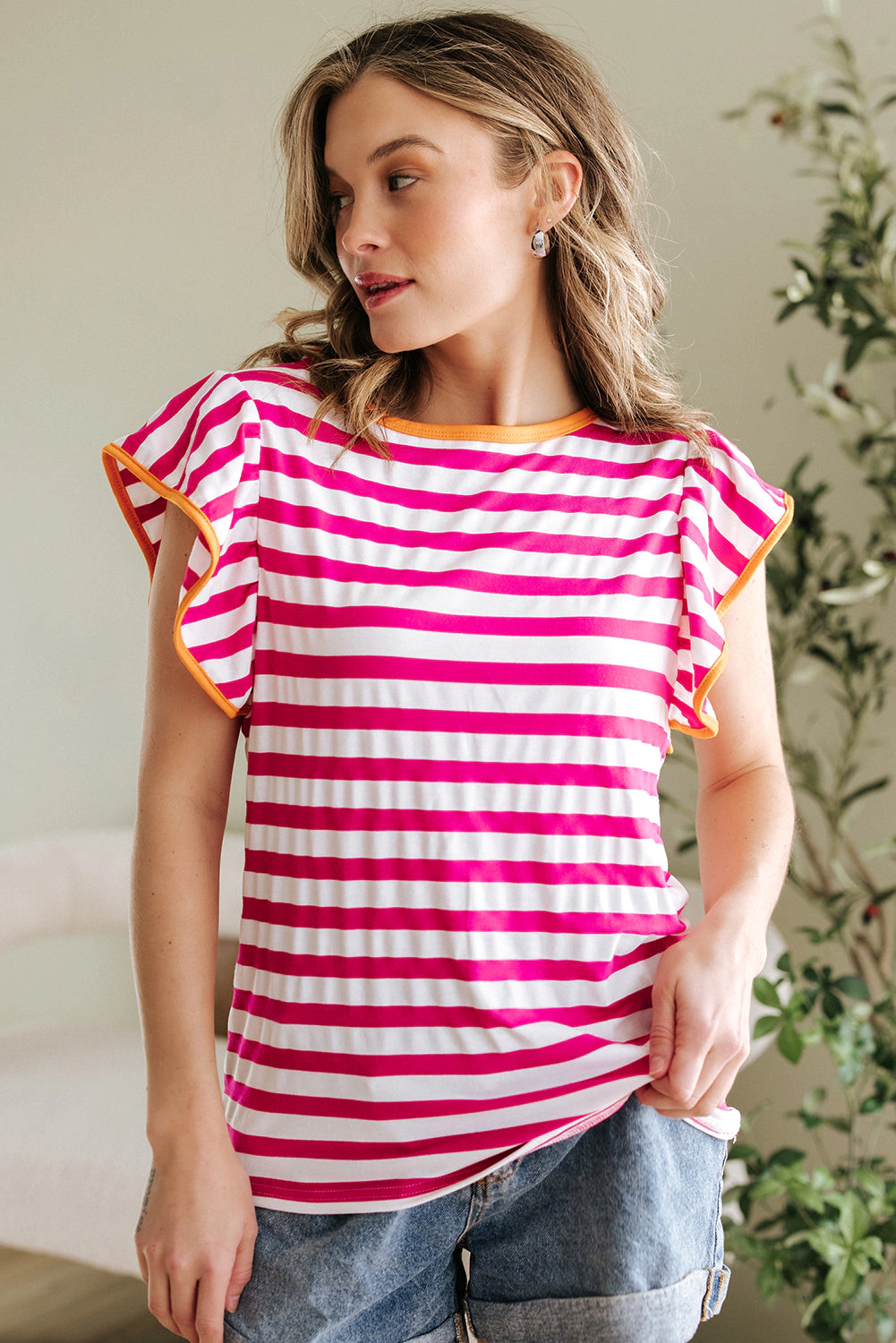 Threaded Pear Women's GloriaStriped Ruffle Sleeve Crew Neck Blouse