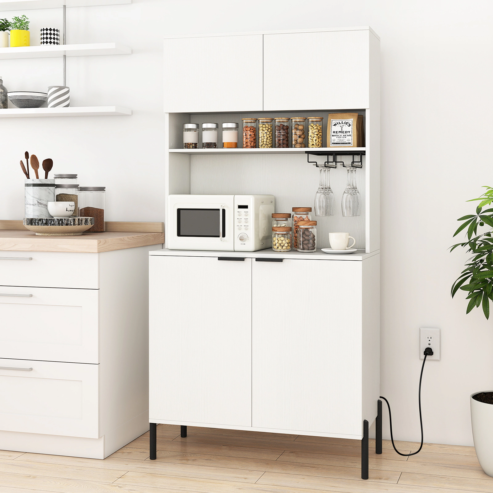 SUGIFT Kitchen Pantry Cabinet with Charging Station 90-lb Countertop Capacity with Wine Glass Rack 64.5-in Tall White