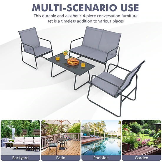 SUGIFT Tempered Glass Coffee Table and Loveseat 4-Piece Gray Metal Patio Chat Set