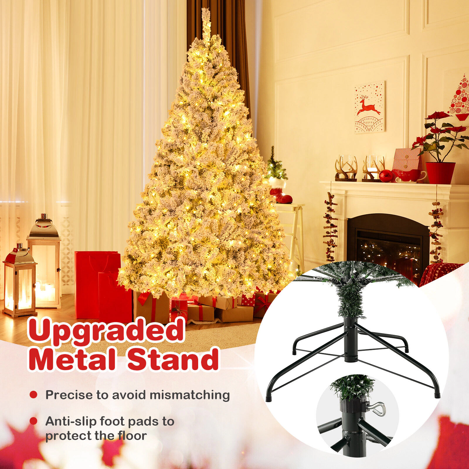 Glintex 7-Ft Flocked Christmas Tree with 956 Tips and 450 Warm White LEDs, Green