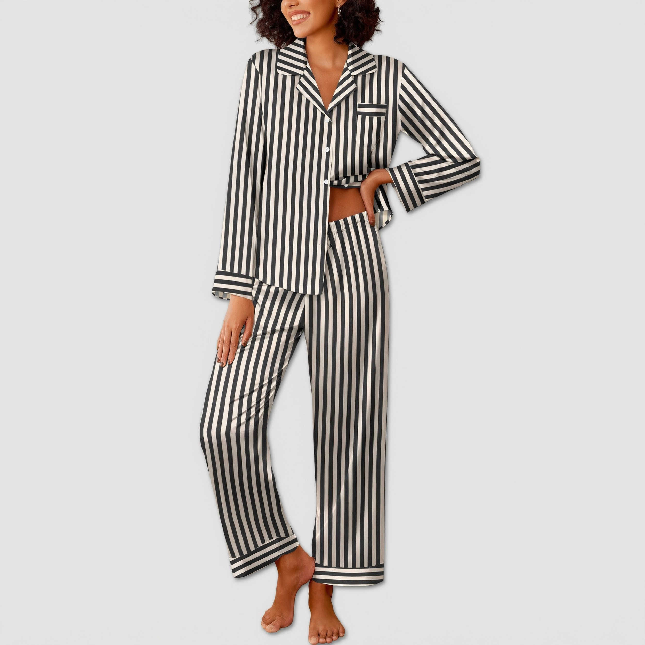 Ekouaer Womens Silk Satin Pajama Sets Two Piece Pajamas Set Long Sleeve Top and Pants Stripe