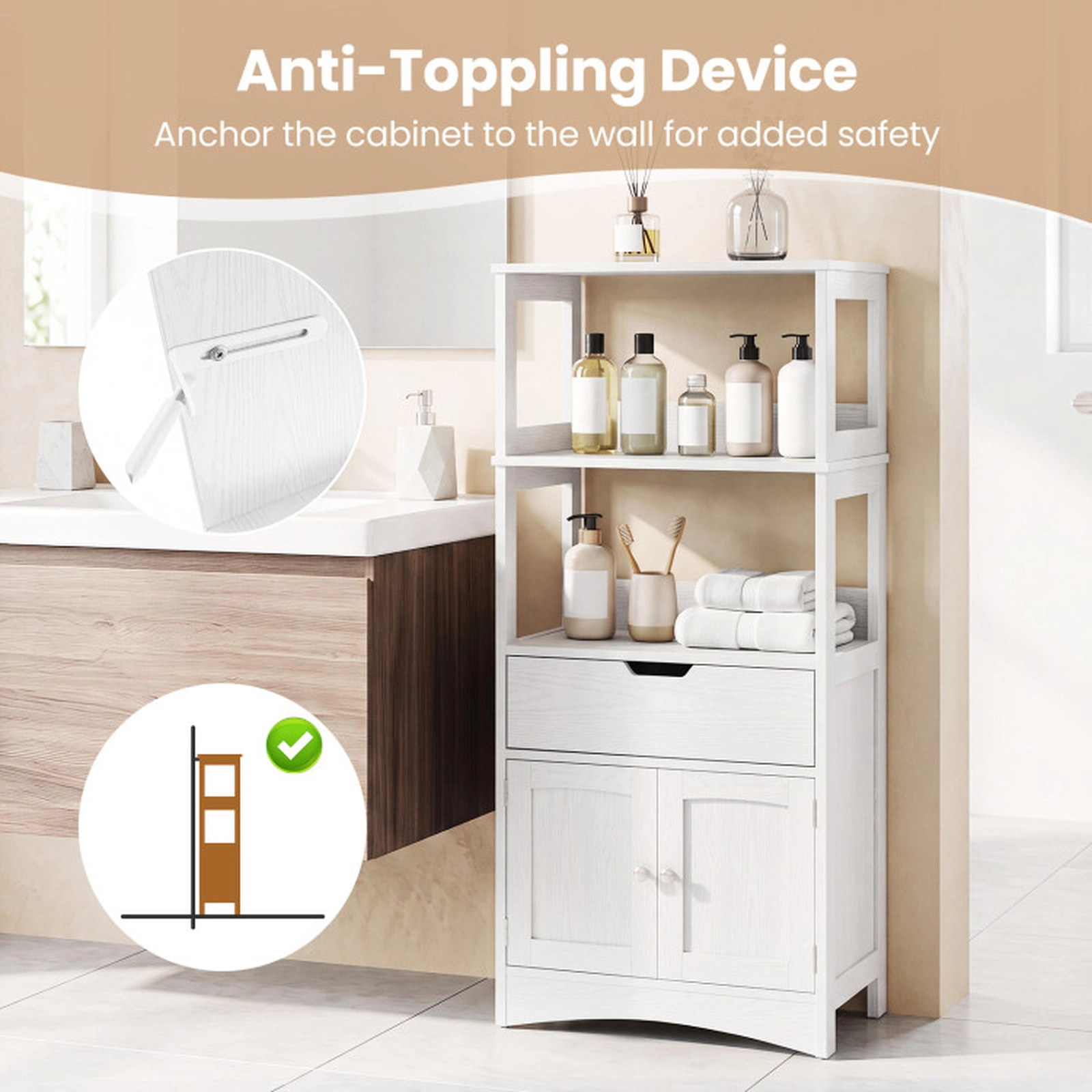 SUGIFT Bathroom Storage Cabinet with Open Shelves and Drawer 110-lb Capacity 24-in Wide Engineered Wood White
