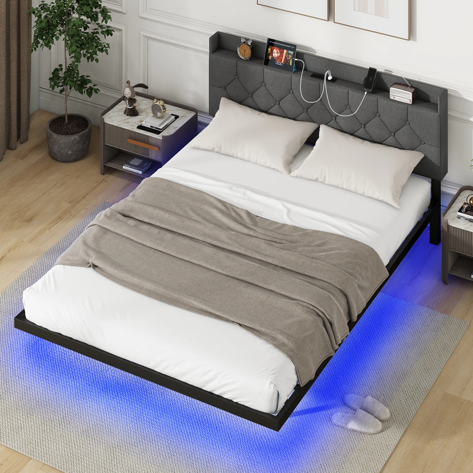 SUGIFT Floating Full/Queen Size Bed Frame with LED Storage Headboard and Charging Station 660-lb Capacity Gray
