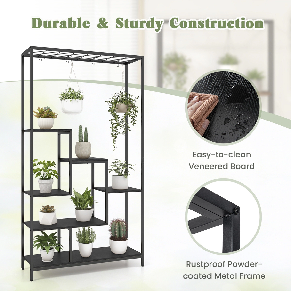 SUGIFT 6-Tier 71-in Tall Indoor Ladder Metal Plant Stand Shelf with 10 Hanging Hooks and Anti-Tip Kit