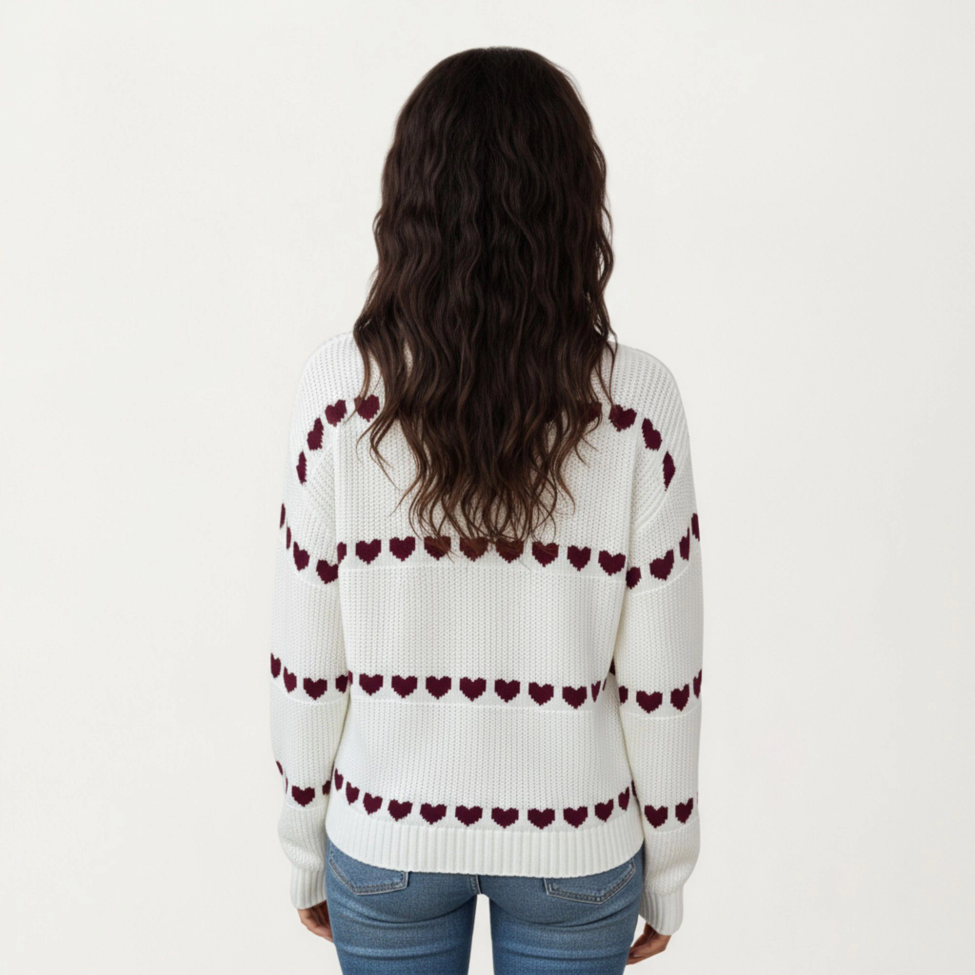 Anna-Kaci Women's Long Sleeve Valentine Knit Sweater with Heart Pattern and Ribbed Trim