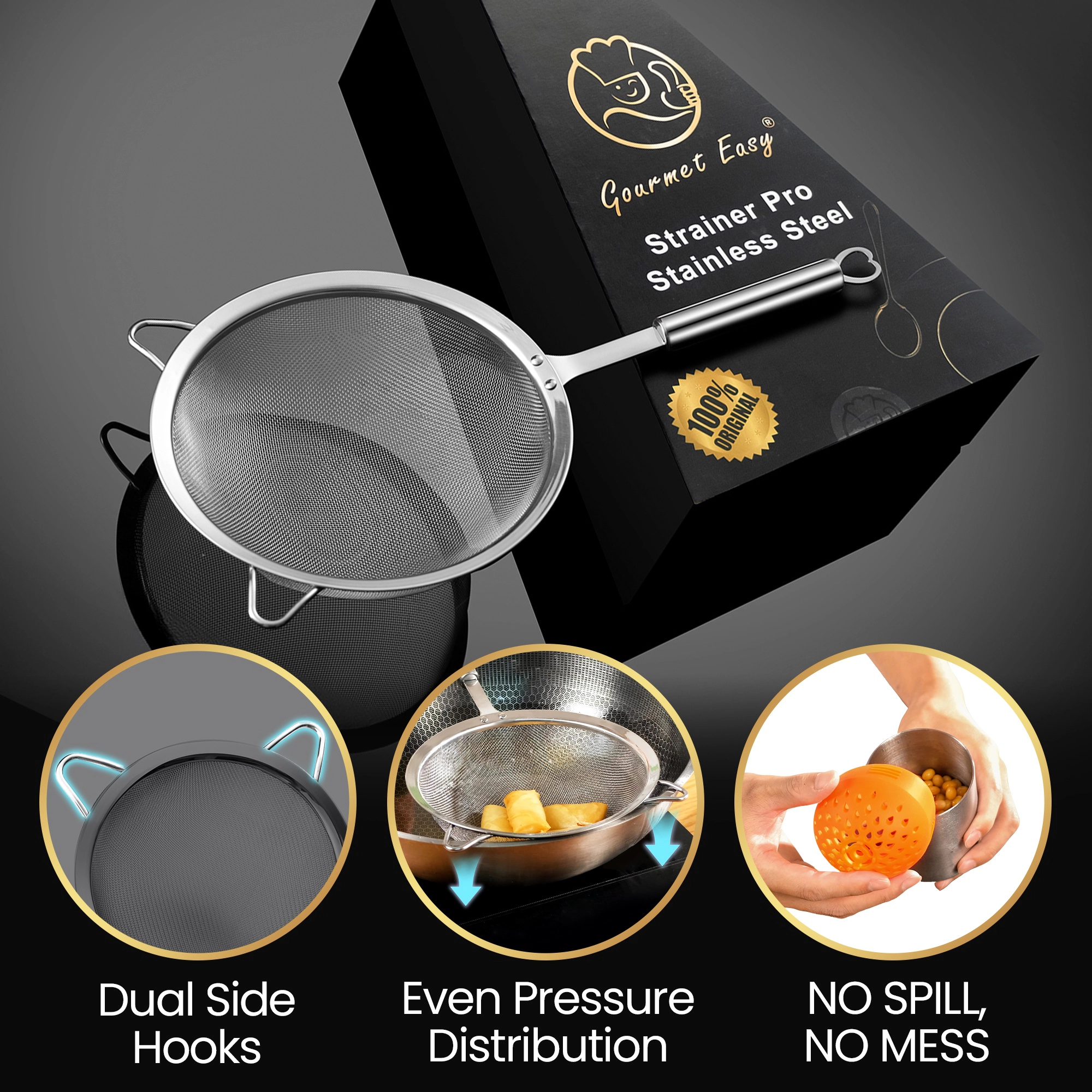 Gourmet Easy Fine Mesh Strainer Set, Stainless Steel Large rice strainer & Small Flour Sifter, Bonus Can Strainer