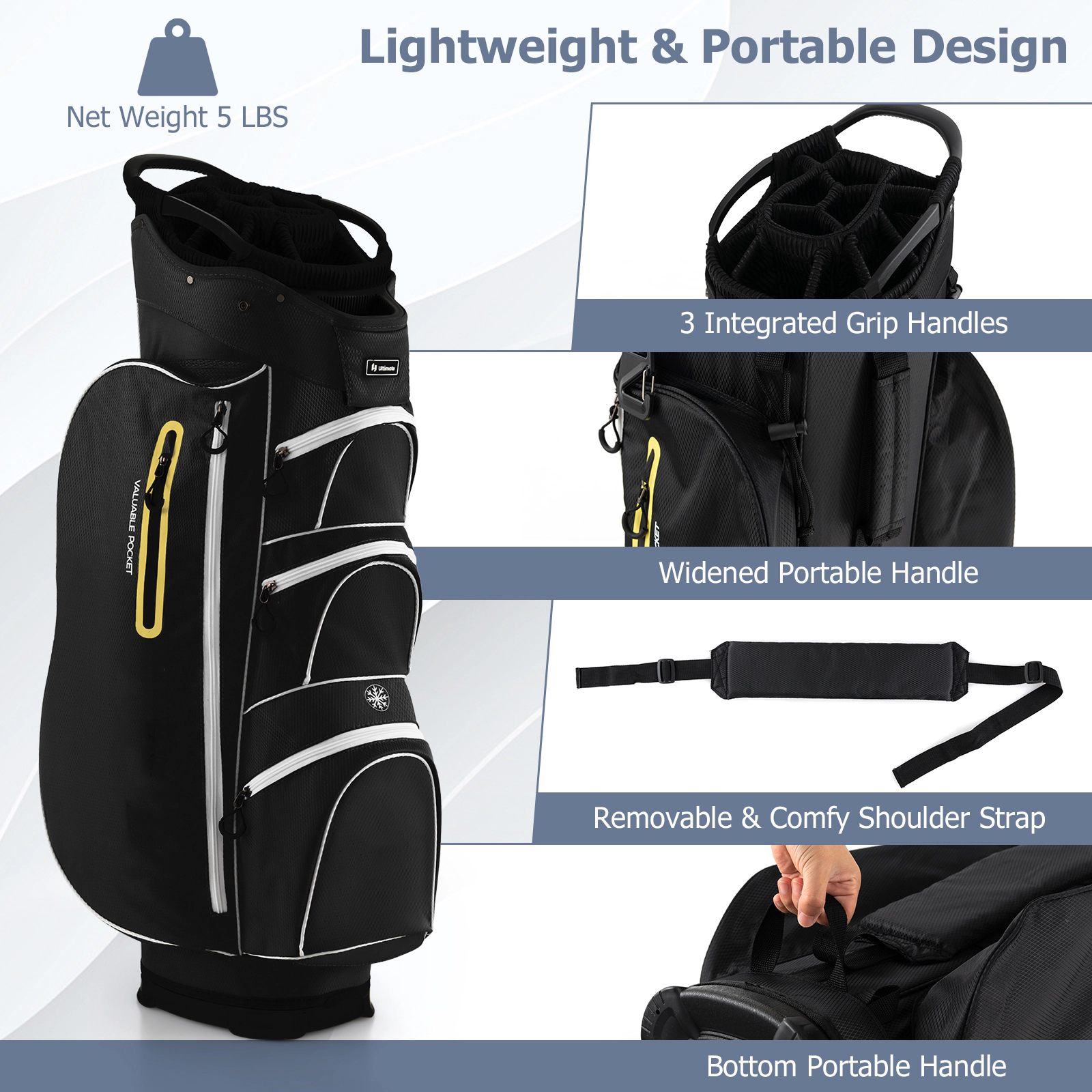 SUGIFT Black 15-Way Top Dividers and Rain Hood 9.5-in Lightweight Golf Cart Bag