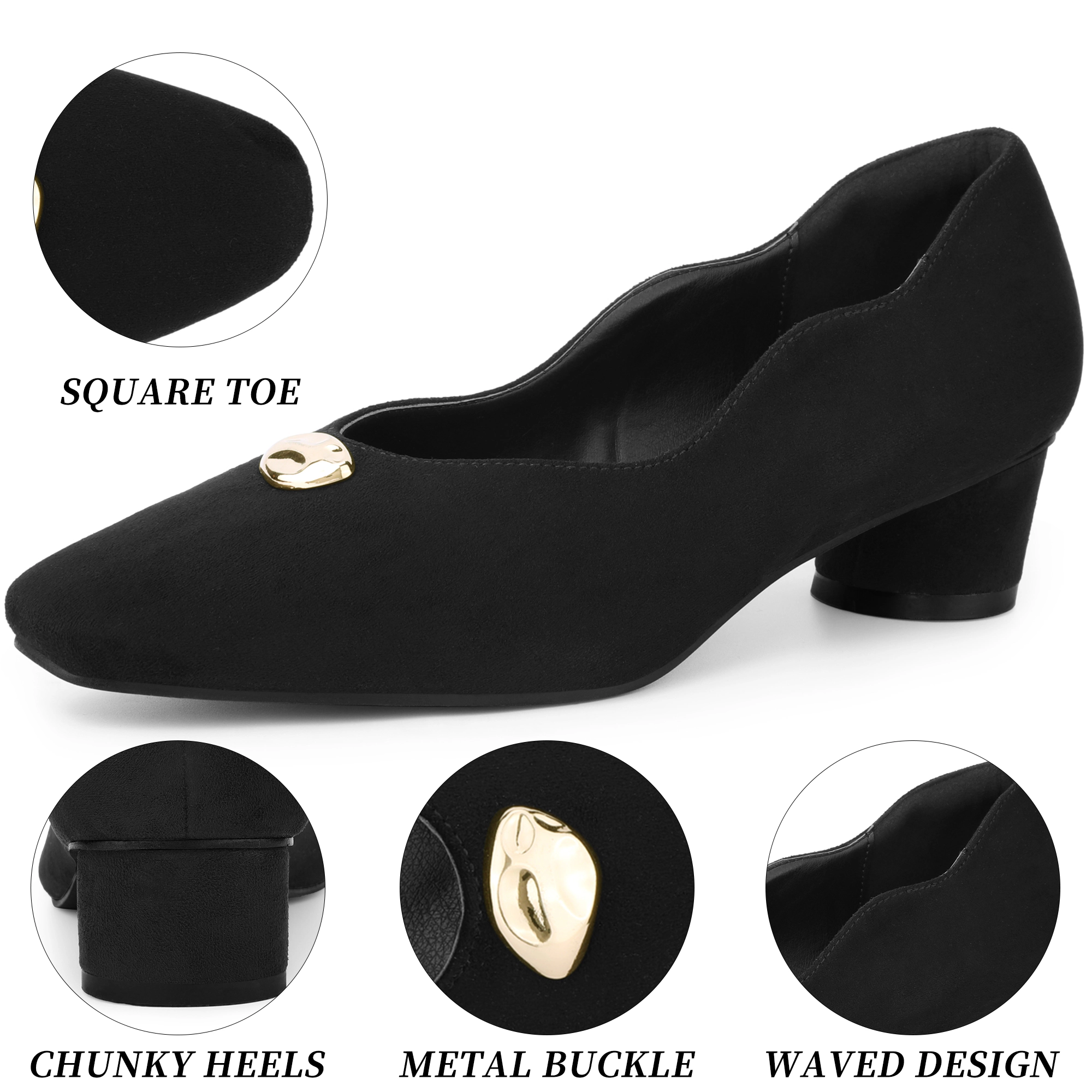 BLISSFUL STEP Women Faux Suede Square Toe Slip on Chunky Heel Low Heels Pumps