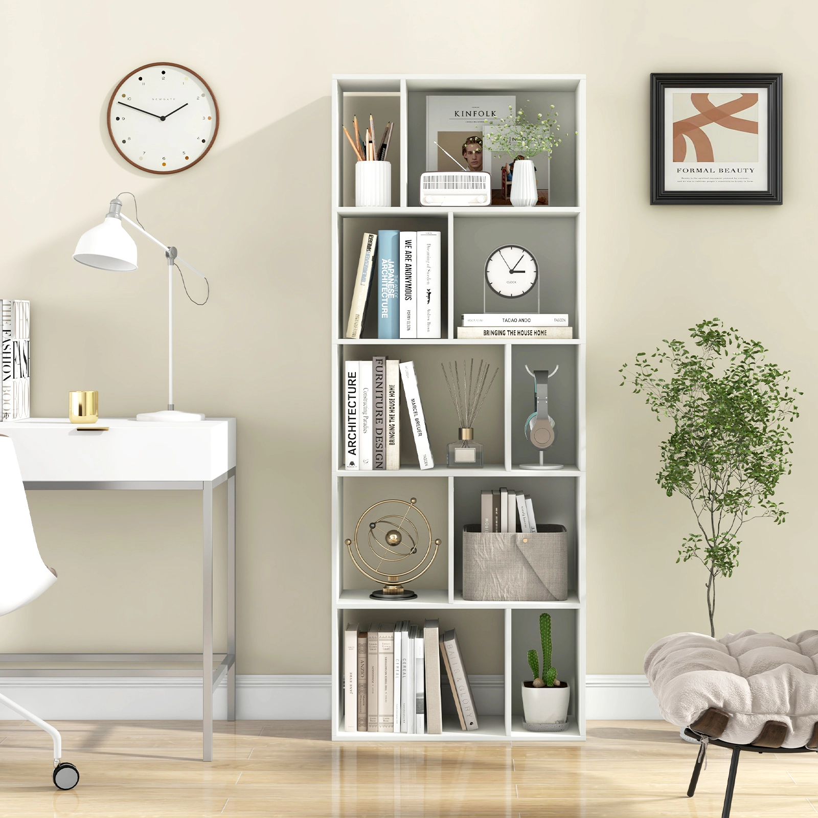SUGIFT 5-Tier White 63-in Tall 10-Cube Geometric Bookshelf with Anti-Falling Back Panel and Storage Shelf