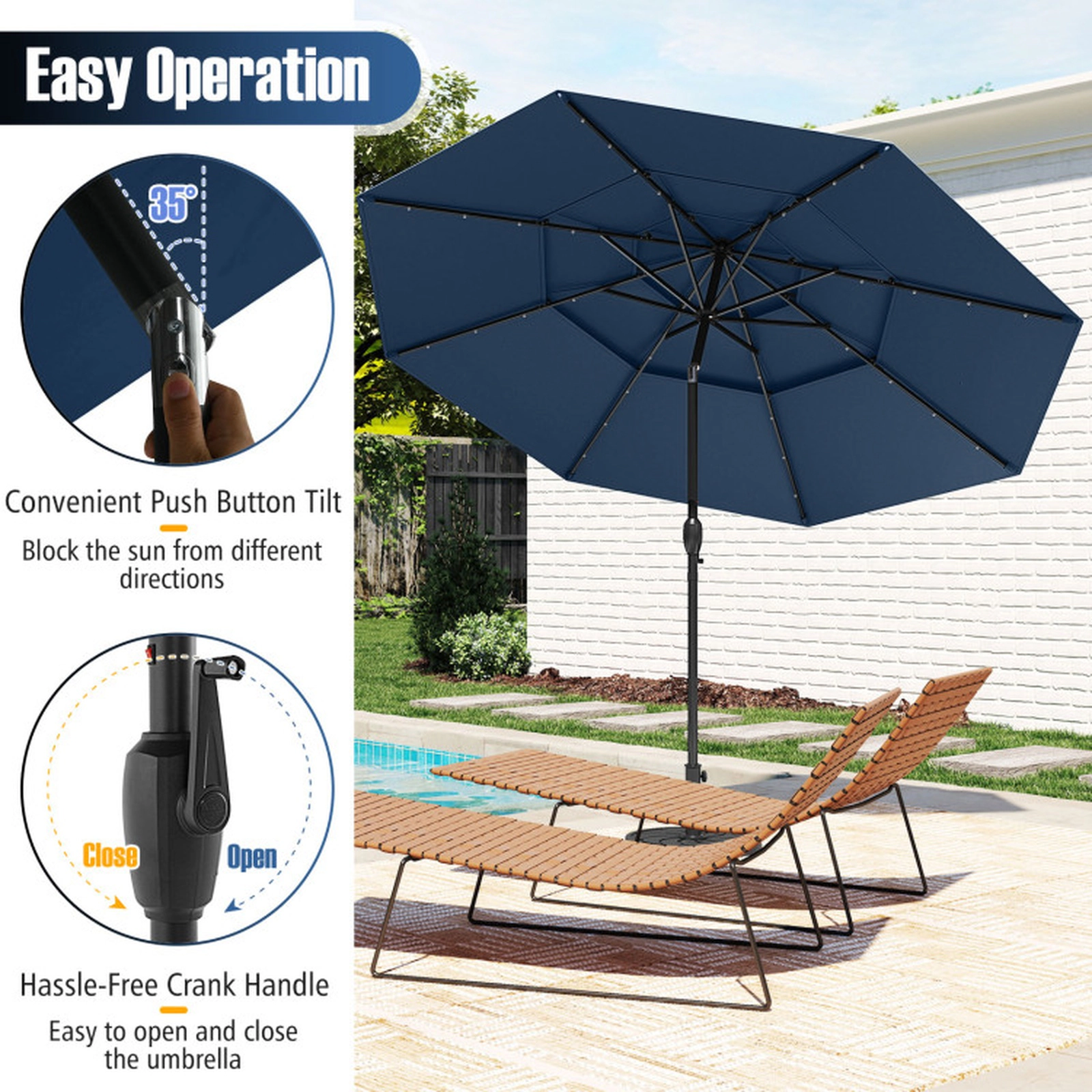 SUGIFT 10-ft Navy Solar Market Patio Umbrella with 32 LED Lights 3-Tier Vented Top and Push Button Tilt