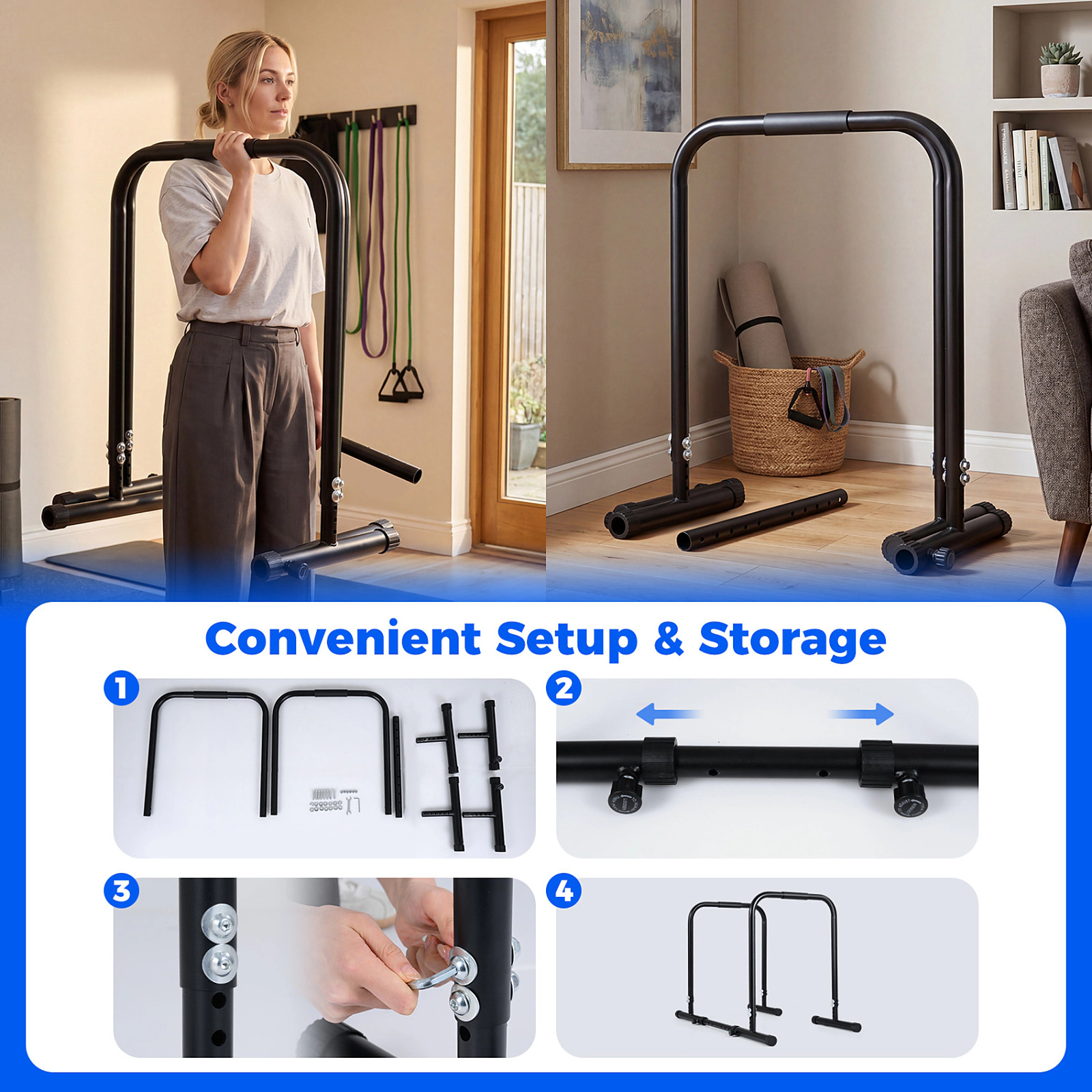 SUGIFT Black Adjustable Dip Bar Station with Foam Padded Handles 31.5-in W 34-in to 50-in D 330-lb User Capacity