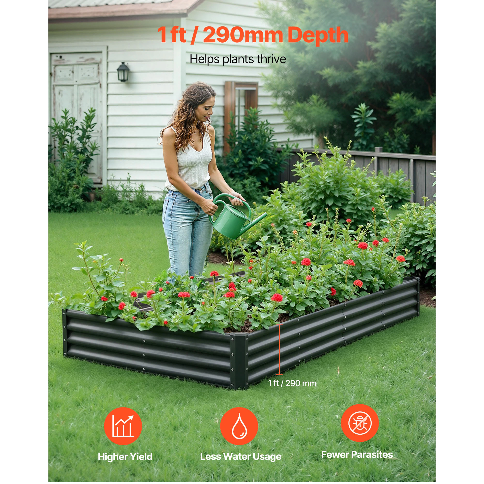 HONGGE Galvalume Metal Raised Garden Bed, 8 x 4 x 1 ft Open-Bottom Outdoor Planter Box, Dark Gray