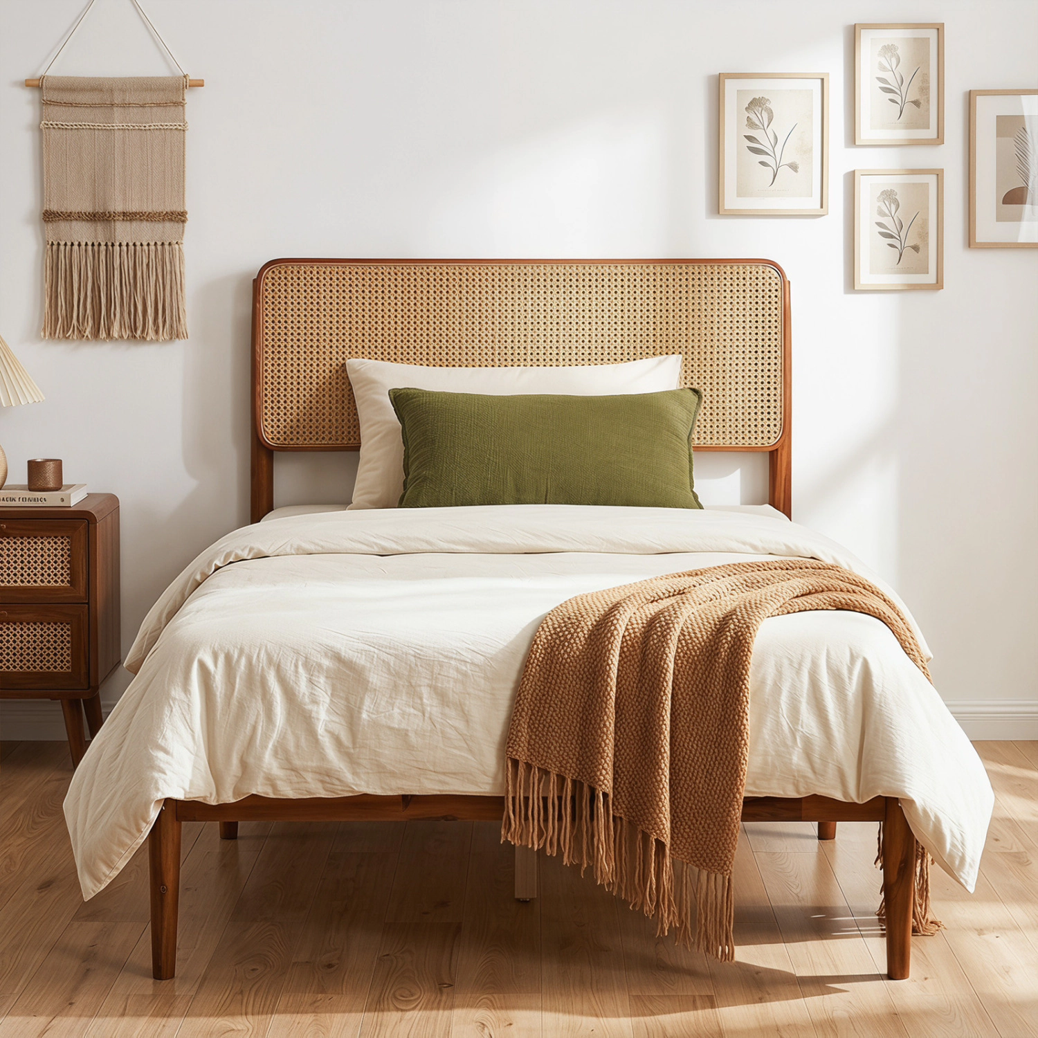 LJG Wooden Boho Rattan Brown Bed Frame with Wooden Slat Support