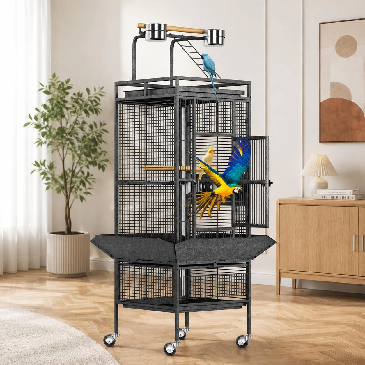Large Rolling Metal Parrot Bird Cage 154.9cm Total Height, Play Top Pet Bird House, Burst Silver