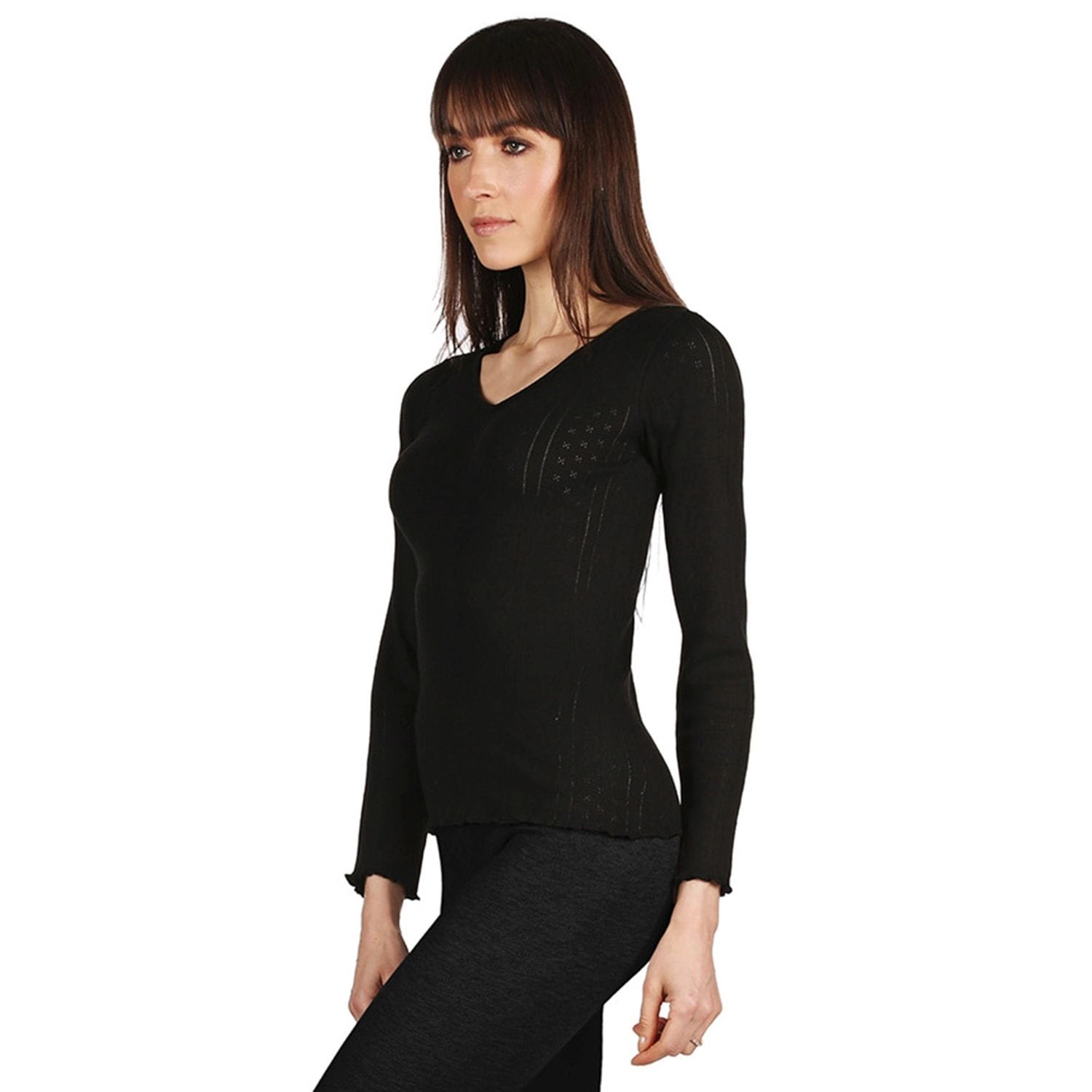 Memoi Women's Pointelle Rib Knit Seamless Long Sleeve Top
