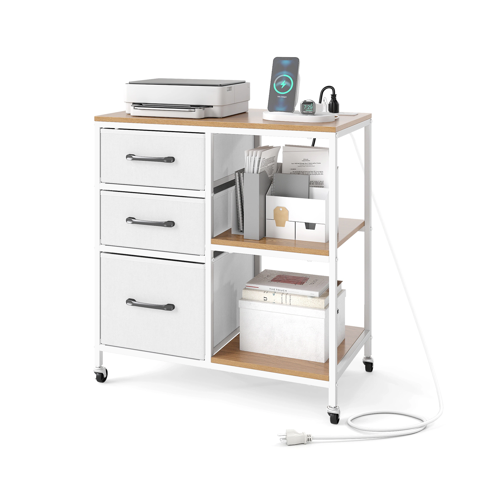 SUGIFT 3 Drawer Mobile File Cabinet Natural with Charging Station and Printer Shelves
