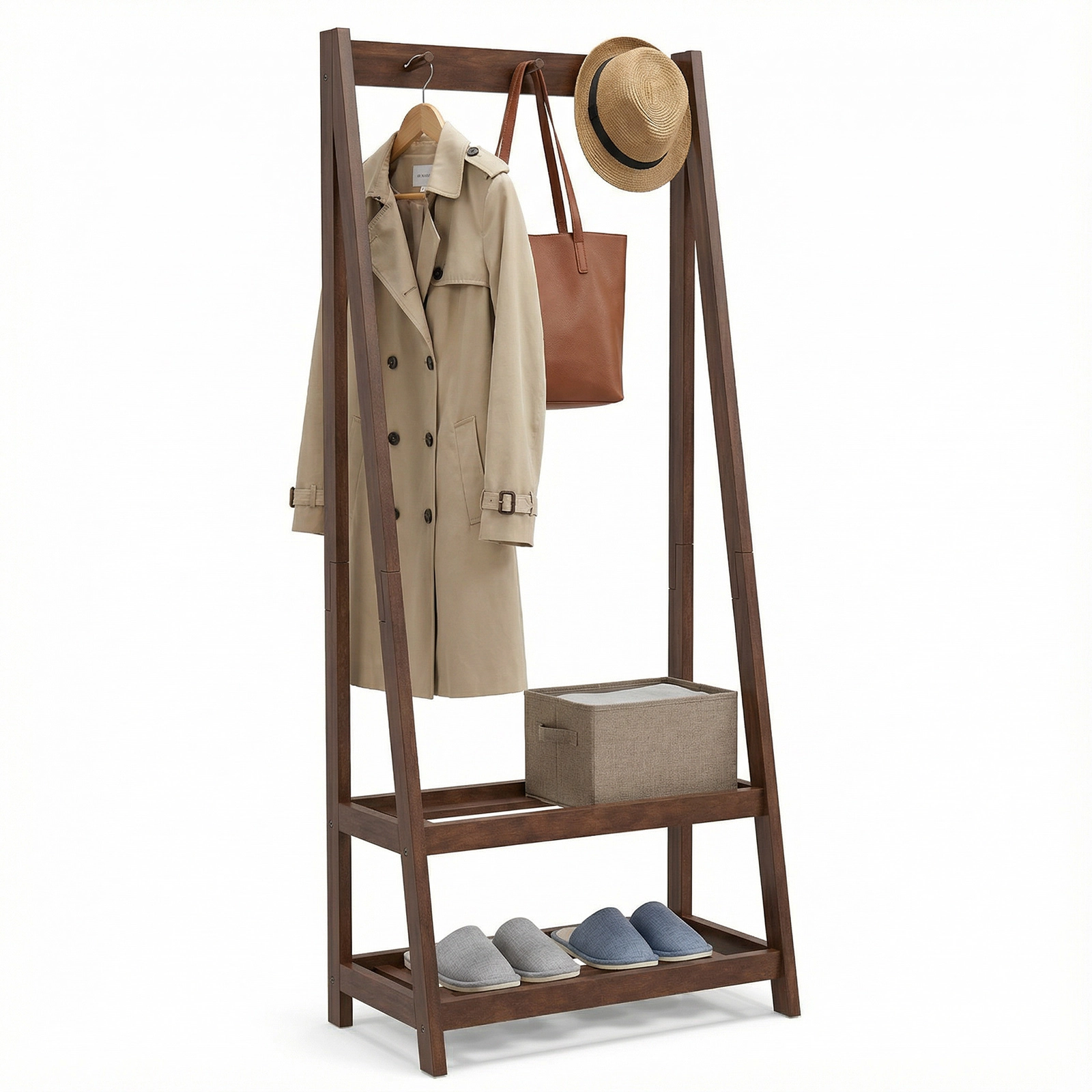 Glintex Solid Rubber Wood Coat Rack with A-Shaped Frame and 2 Storage Shelves, Walnut