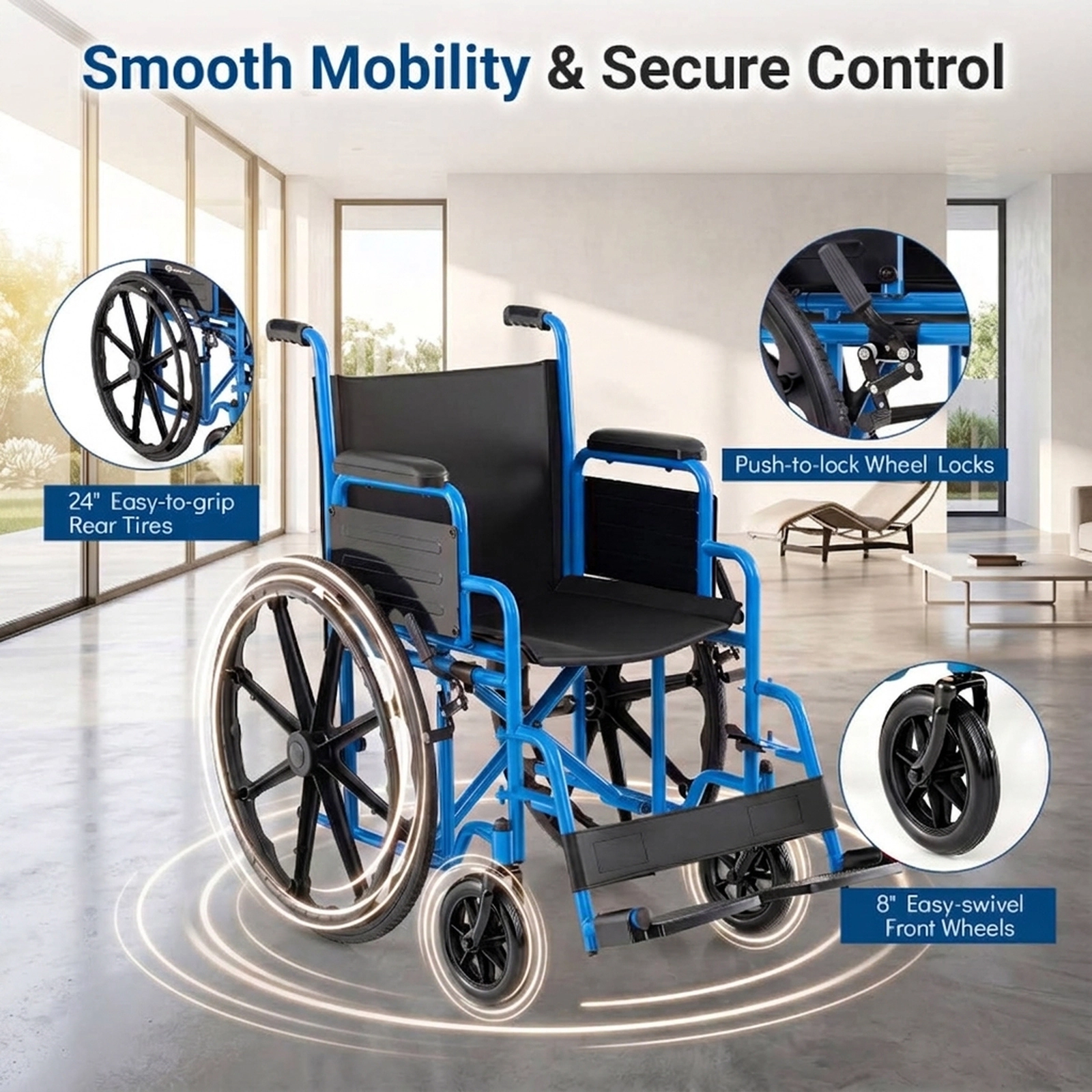 SUGIFT Navy Folding Wheelchair with Flip-Up Footrests and Padded Desk Arms 40-in W 26-in D 330-lb Seat Capacity