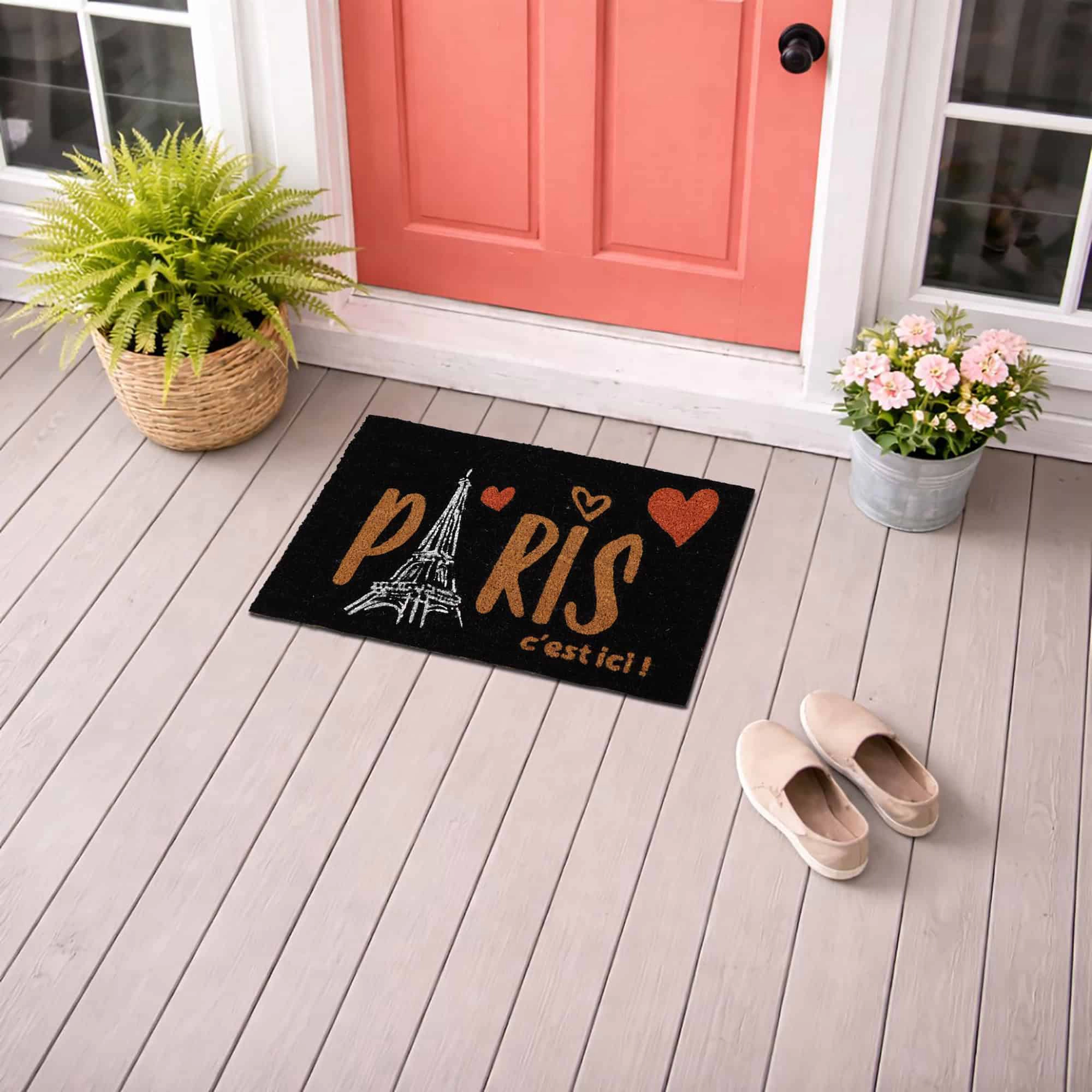 Evideco French Home Goods Black Paris C est Ici Coir Doormat 24 x 16 Inches