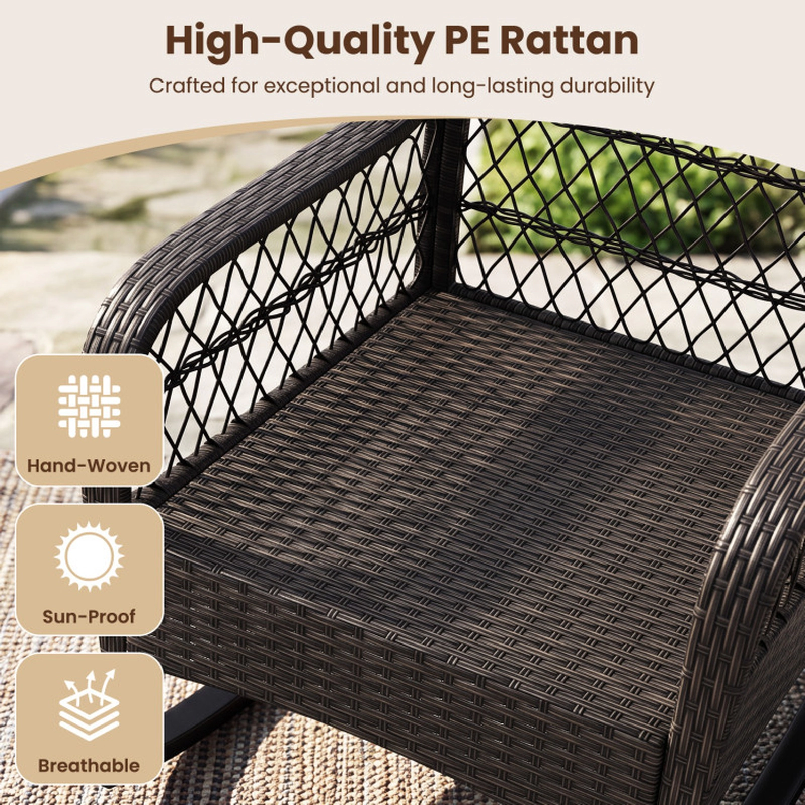 SUGIFT Outdoor PE Wicker Rocking Chair Anti-Tip Stoppers Lumbar Pillow Cushions 400-lb Capacity 25 x 29 x 34-in White