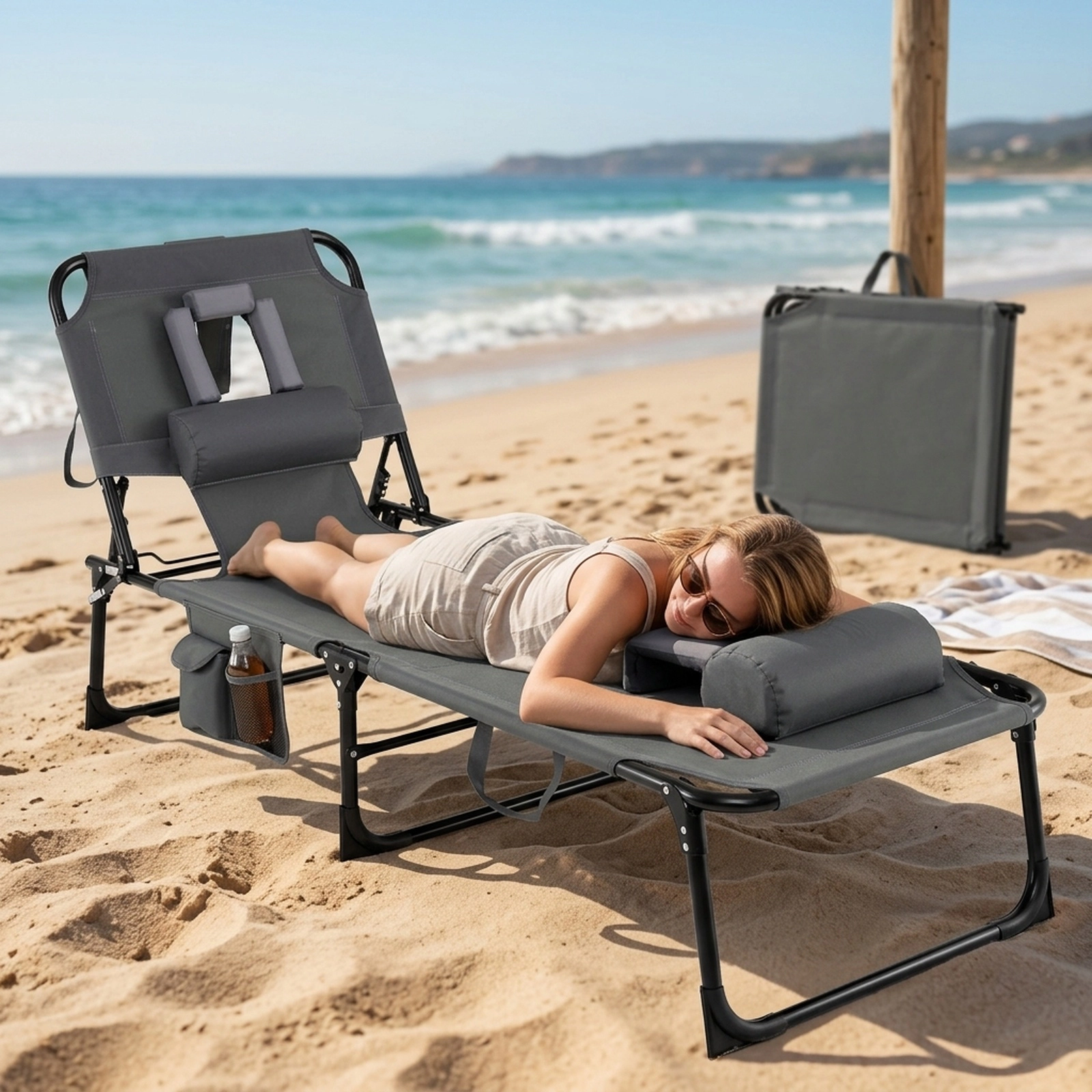Sunbathing Chair with Face and Arm Holes Folding Beach Lounge Chair with Removable Pillow Side Pockets Gray